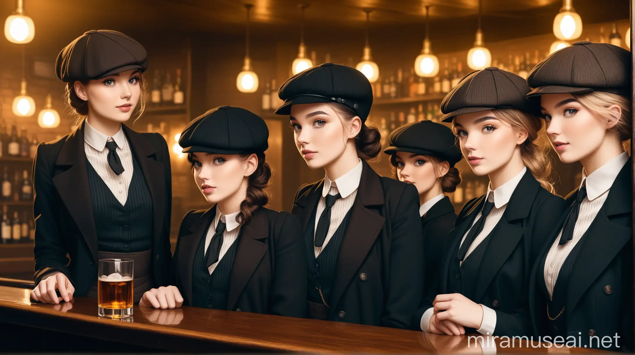 Stylish Women in Peaky Blinders Attire Gather at a Retro Bar