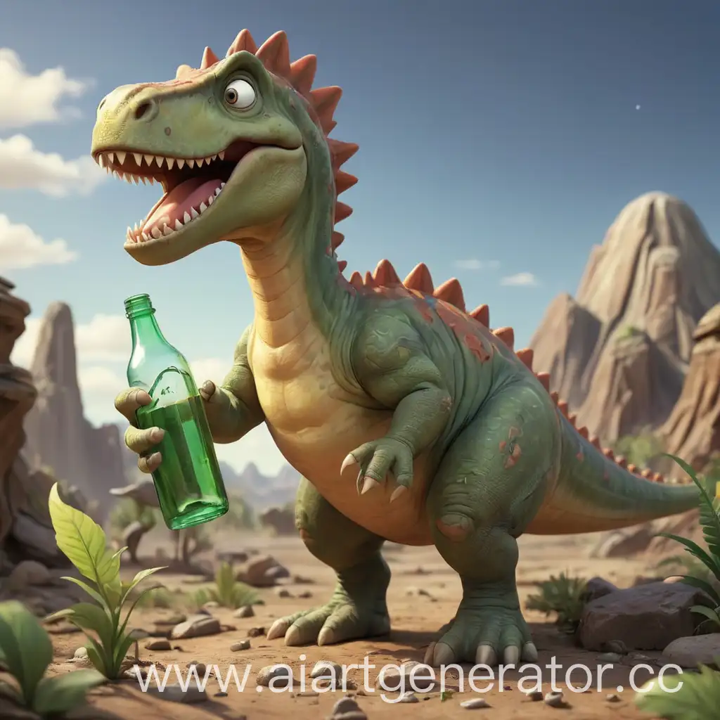мультяшный динозавр на планете земля с бутылкой в руках