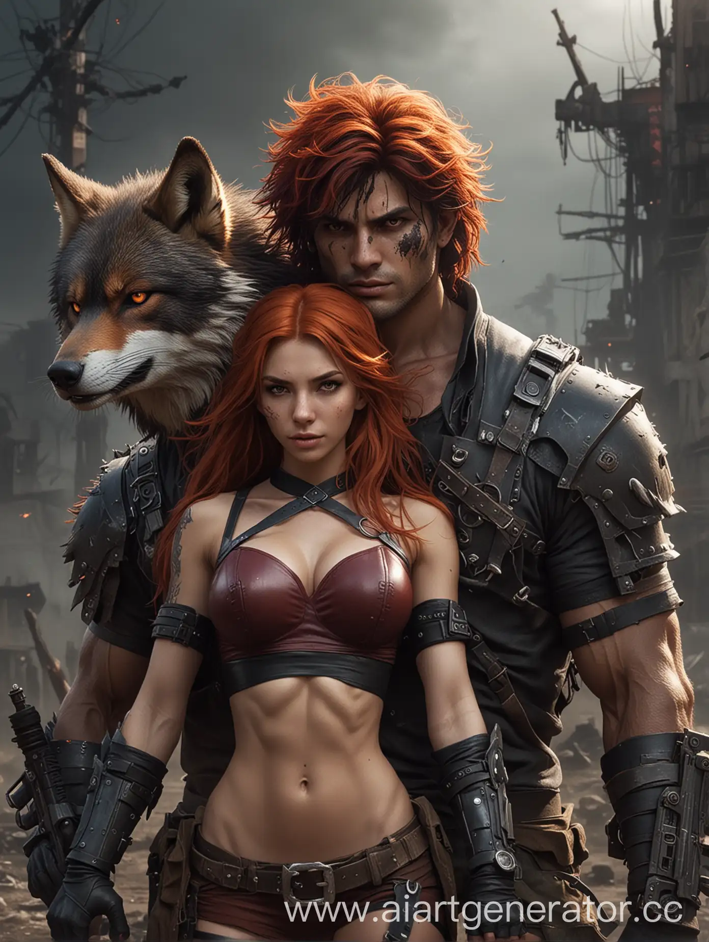 A hot black-haired beastman wolf guy. and a hot red-haired fox girl. They are the last survivors of the post-apocalypse