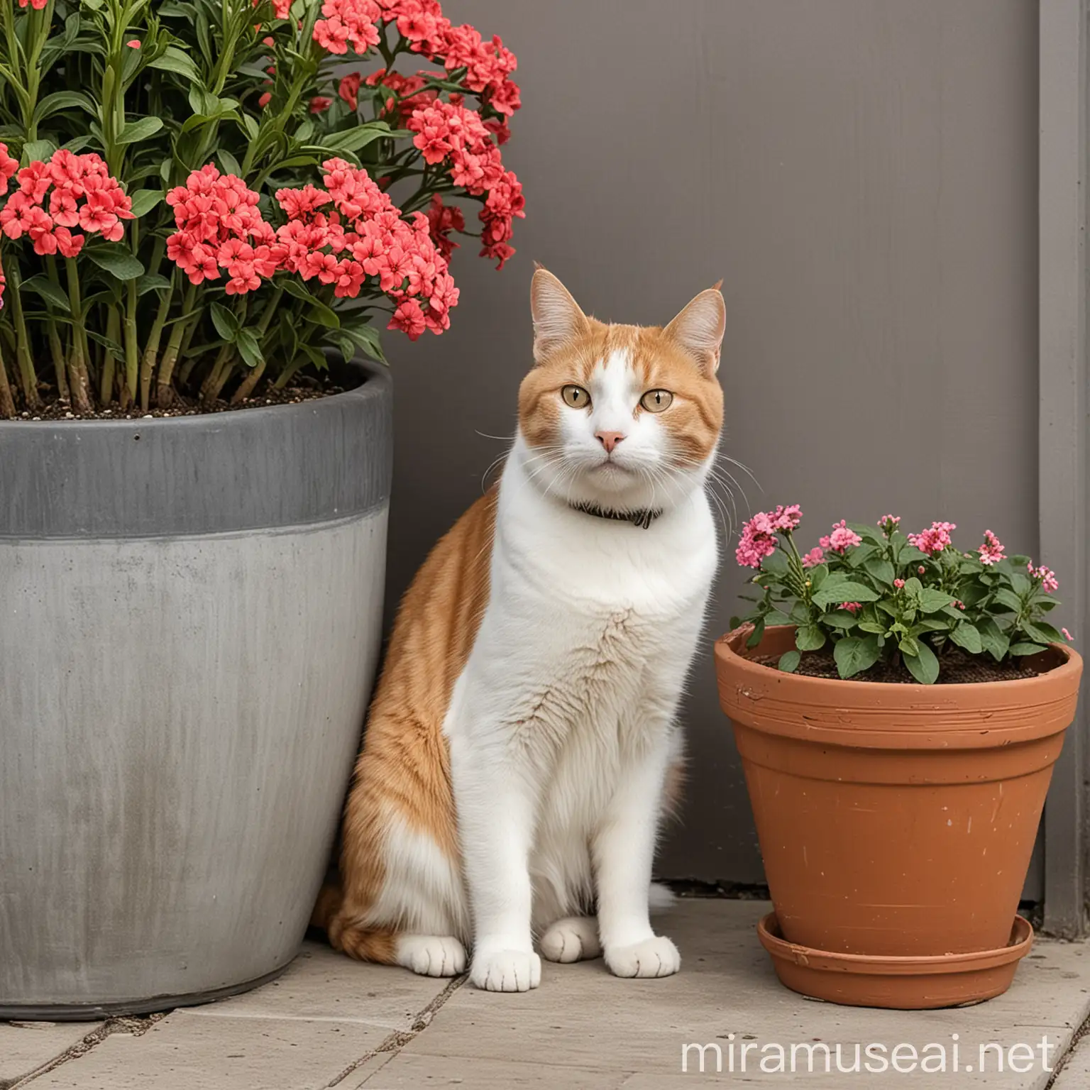 Кошка сидит рядом с цветочным горшком в котором растет цветок