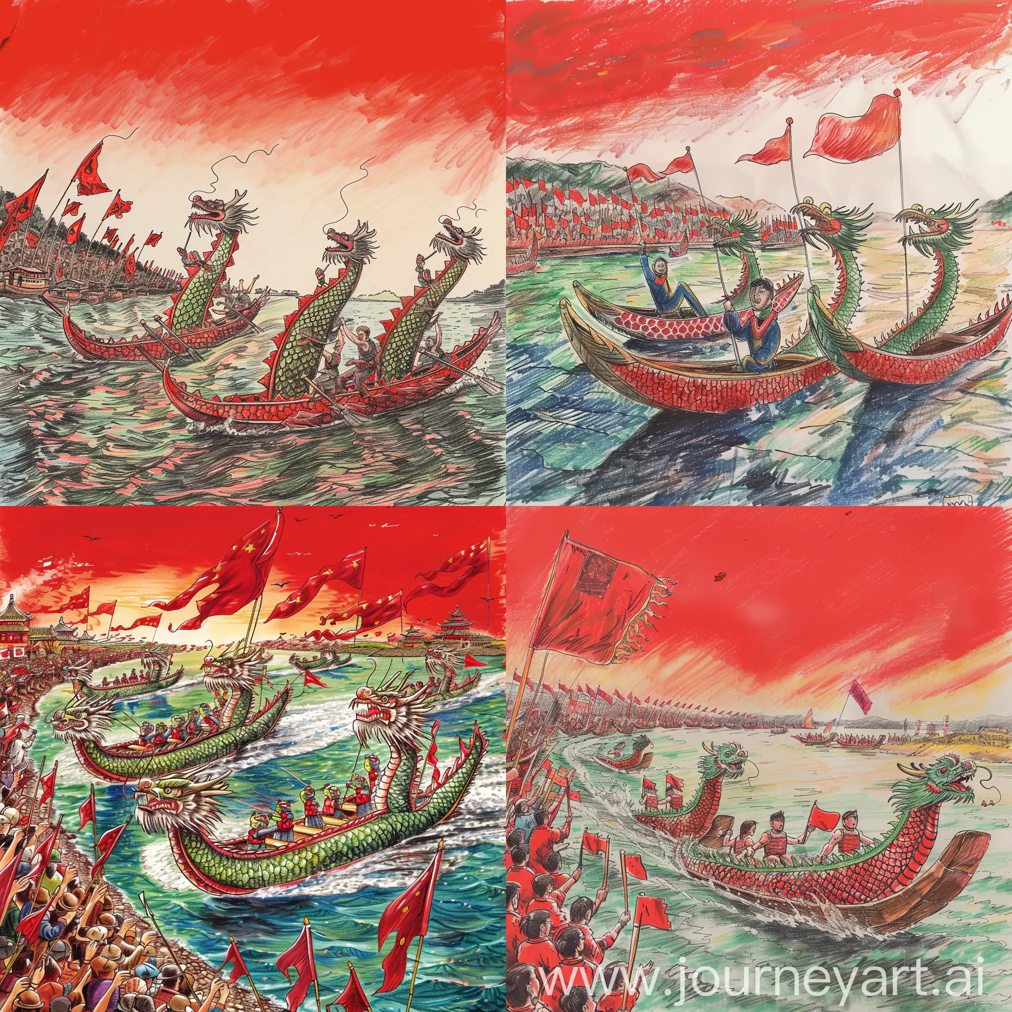 帮我画三条龙舟在一条大江比赛，天空是红旗，岸上站满人们摇旗助威