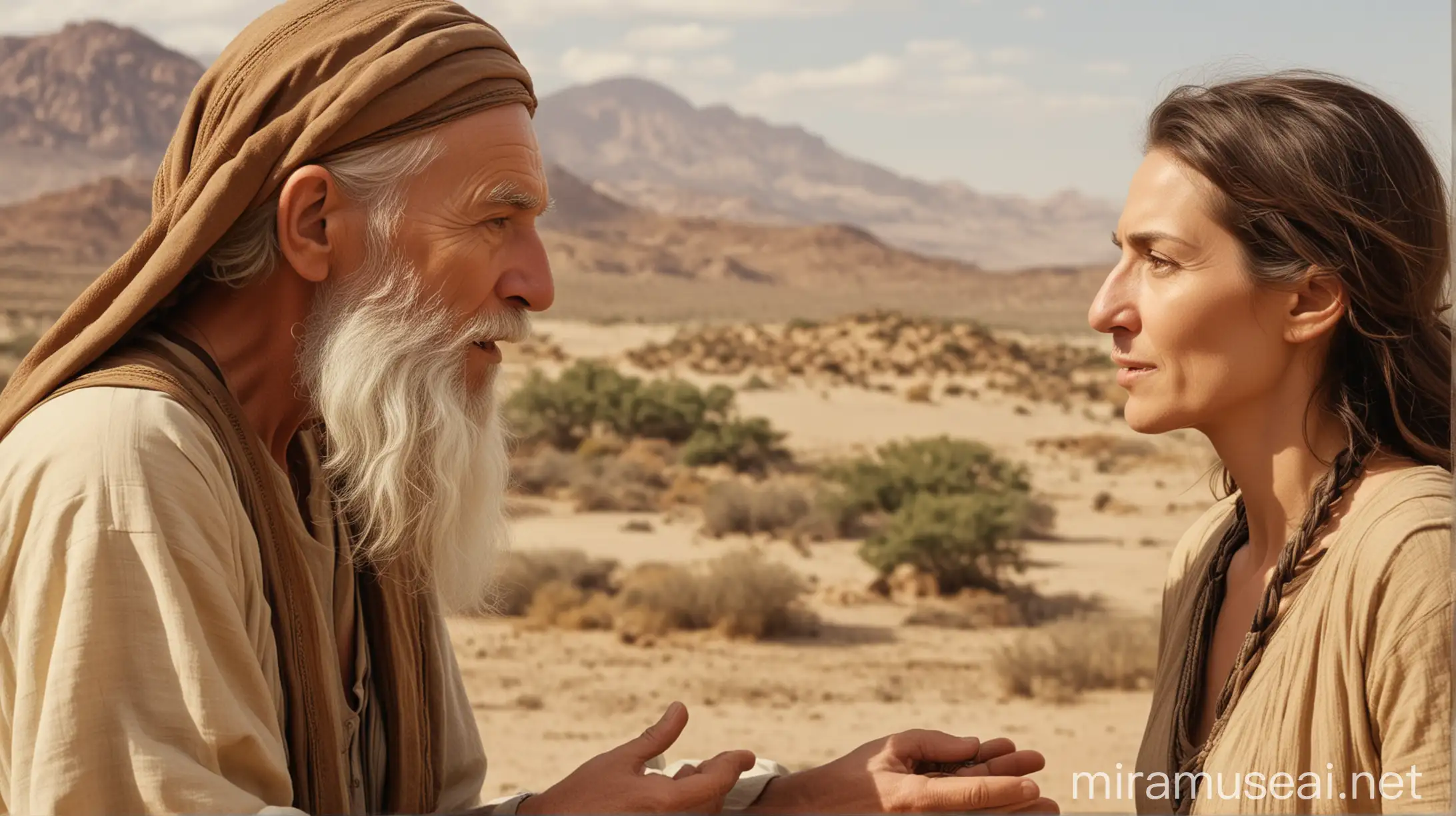 an old man and an attractive looking woman talking to each other in a desert location during the Era of the Biblical Moses