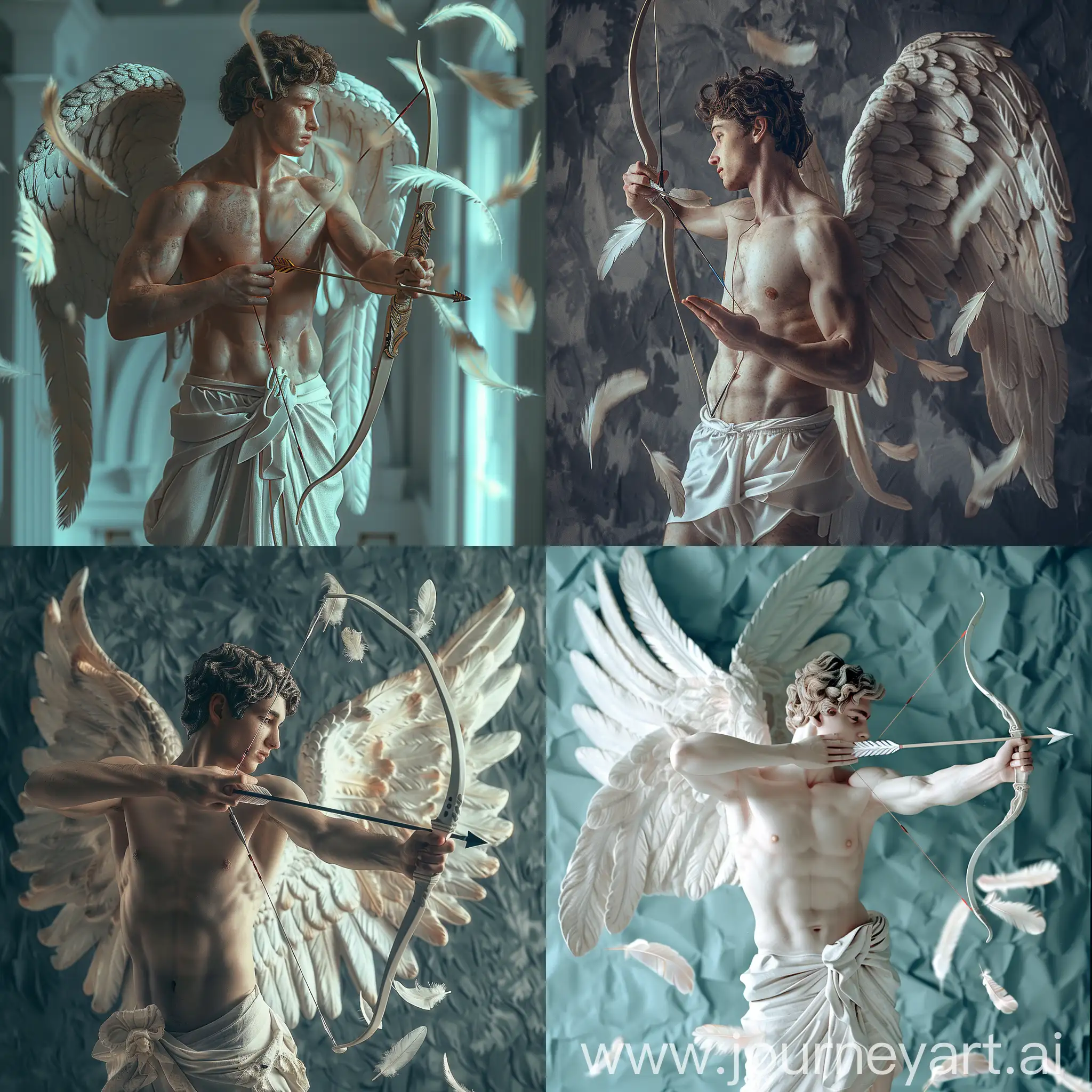 real photo of an angel-guy in the style of an ancient Greek sculpture, holding a bow and arrow in the shape of a heart, feathers falling from white wings, sleep paralysis, color photo
