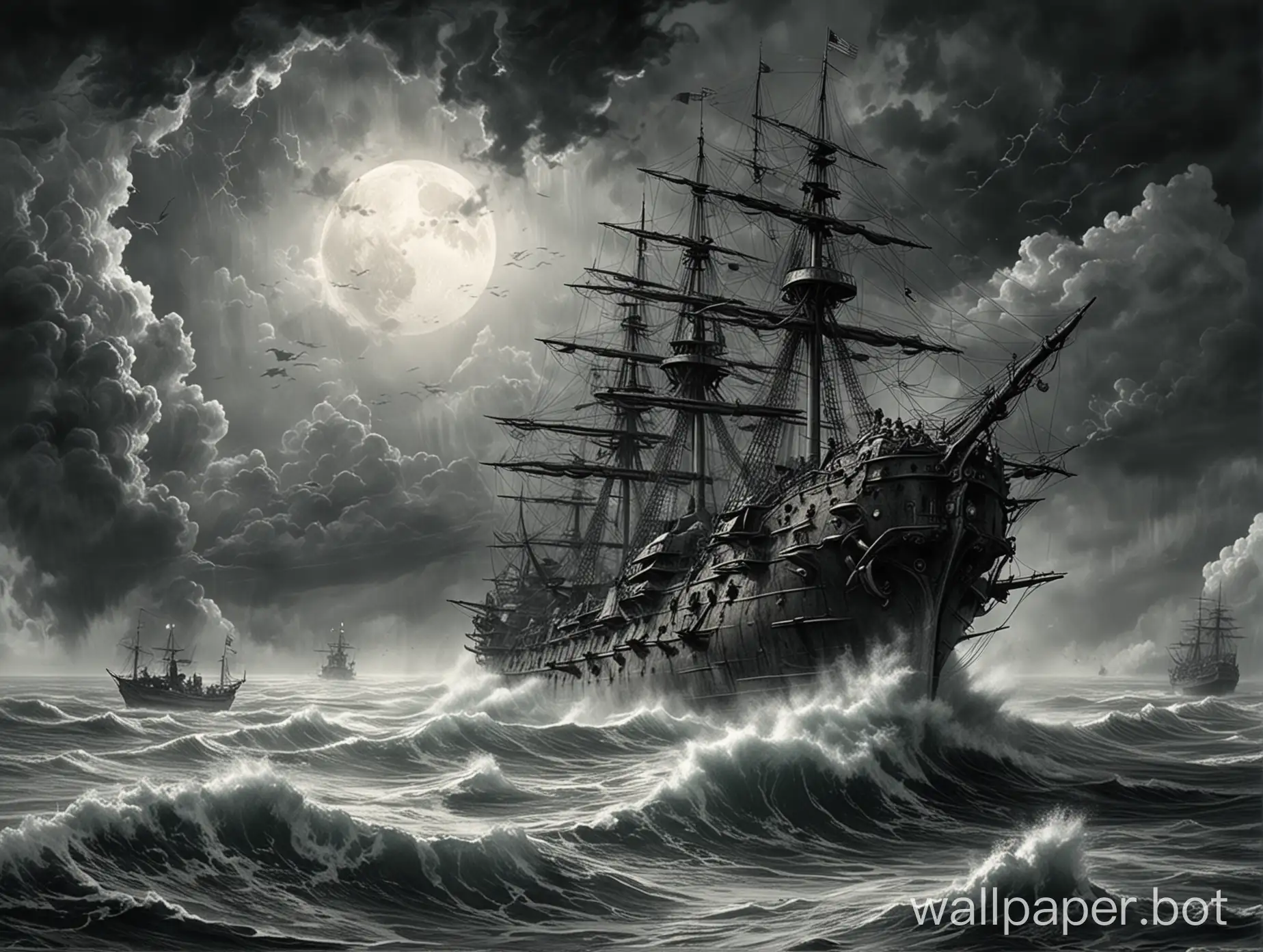 sea storm naval battle 2 armored ship end of 20th century storm clouds appear moon high resolution sketch pencil style Luis Royo