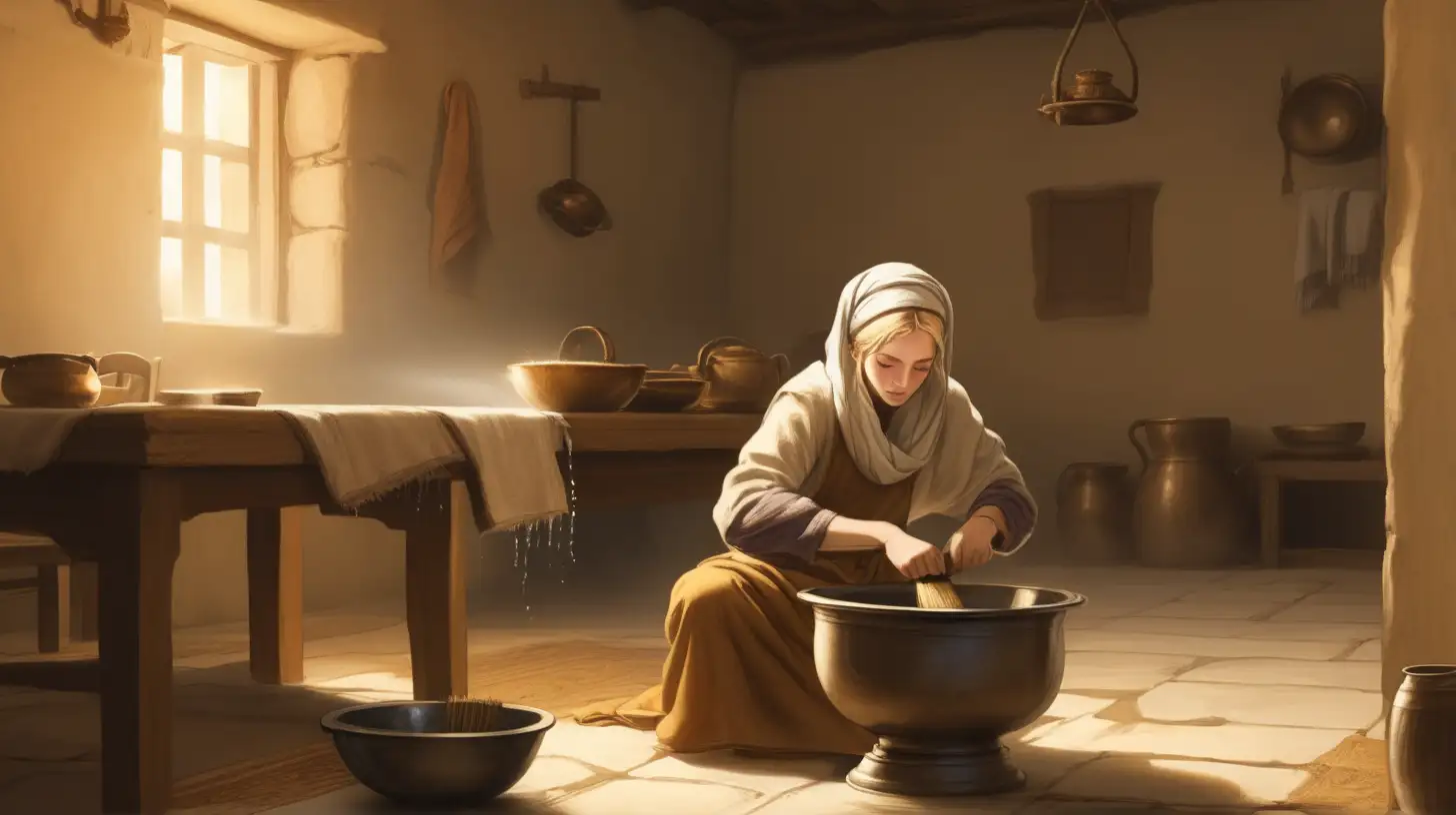 Biblical Era Woman Cleaning Floor in Hebrew House