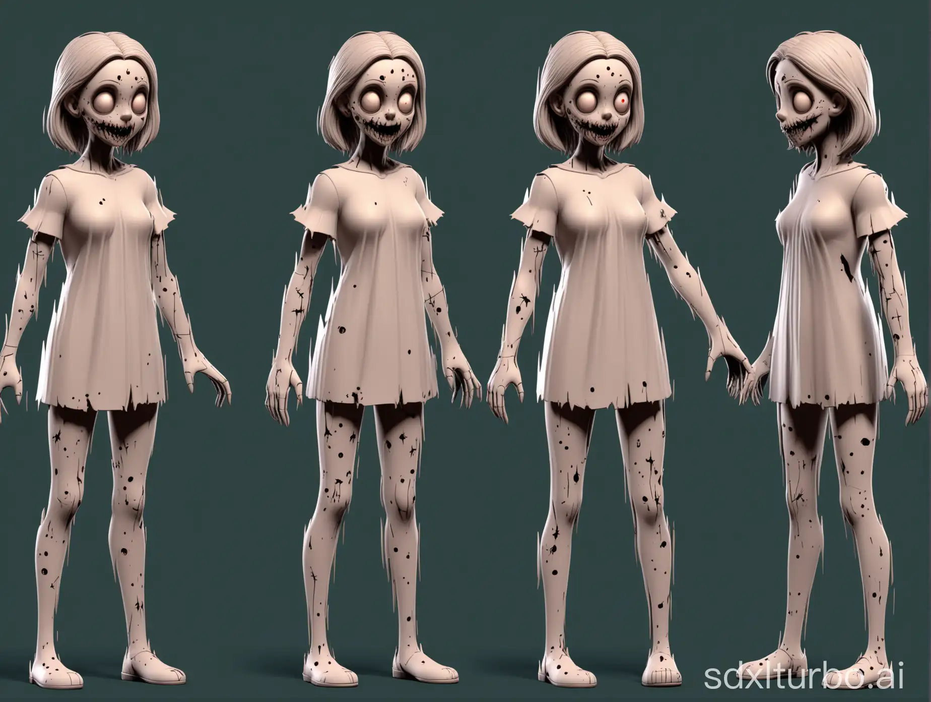 horror cute cartoon character sheet for 3d modelling, front and side view, a -pose, multiple views of the same character in front and side view