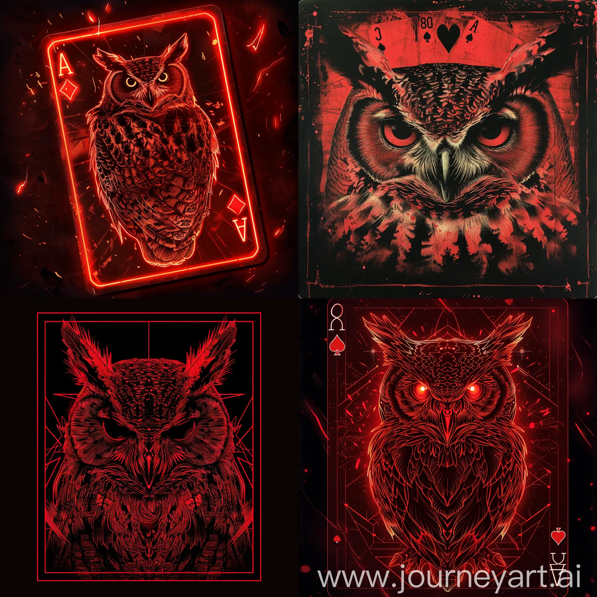 owl in red drawn on a playing card + neon   minimalistic + techy + ultra HD + 8k
