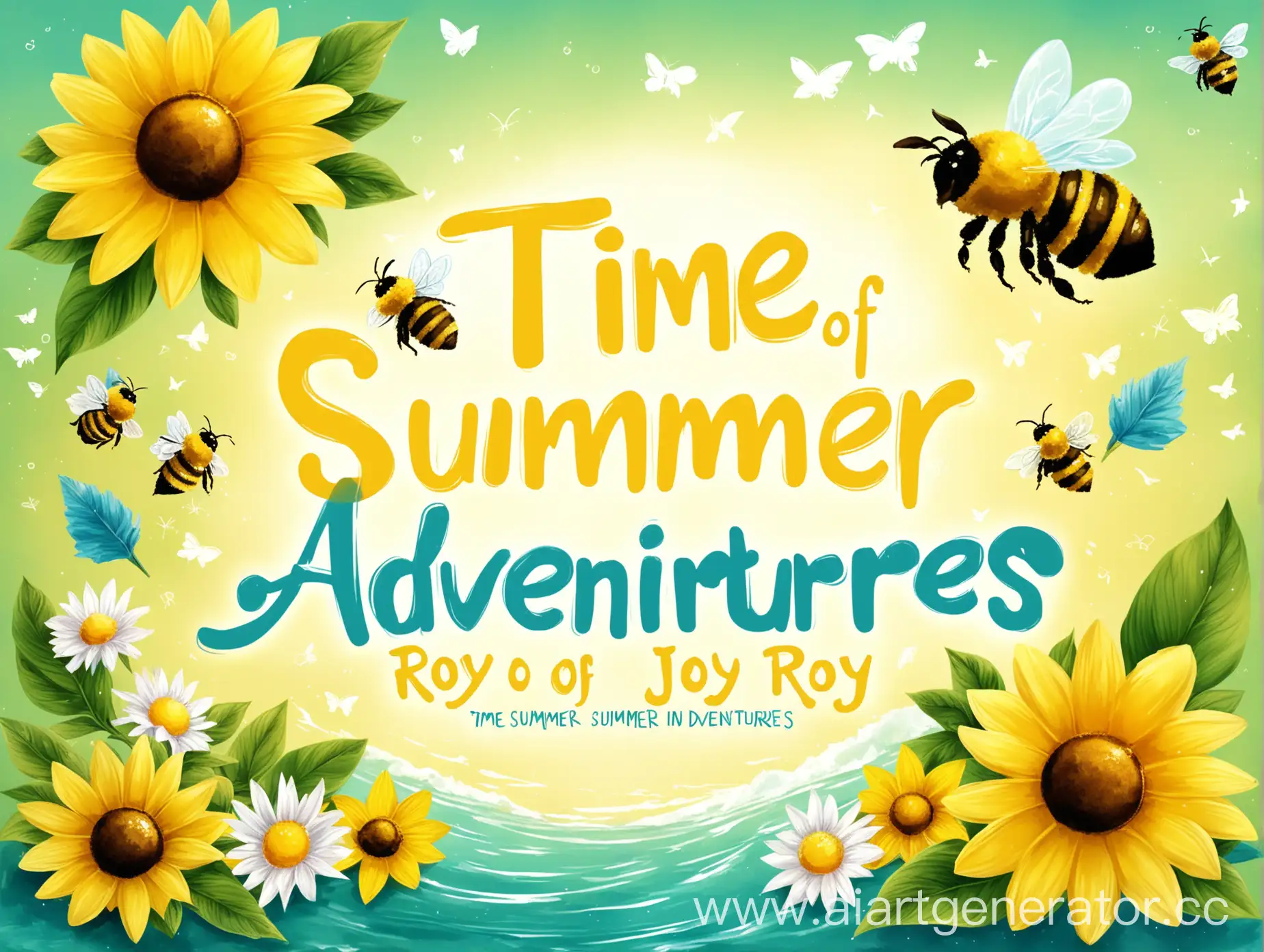 обложка в зеленом, желтом, синем и белом цвете  для социальной сети с пчелой в желтом цвете и надпись "Время летних приключений в Рой Джой"