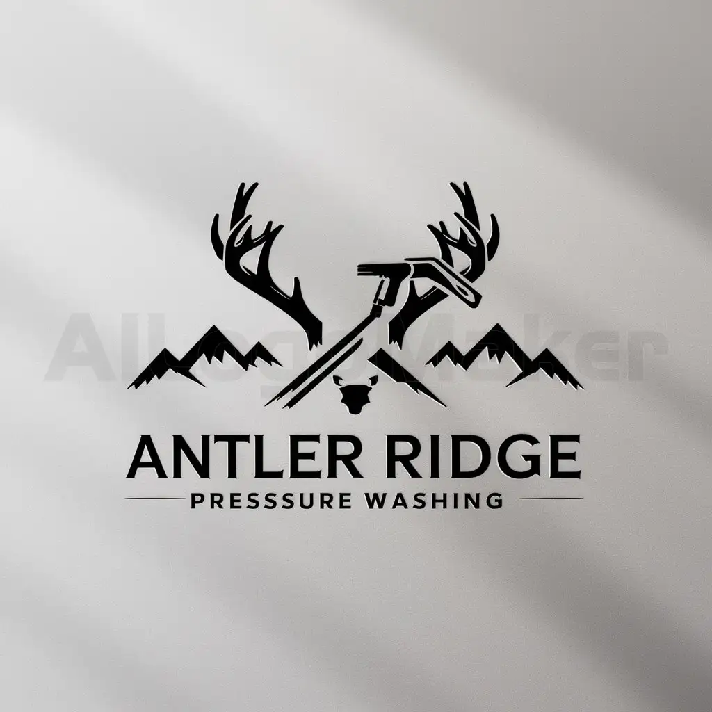 a logo design,with the text "Antler Ridge Pressure Washing", main symbol:deer antlers with a pressure wash gun under it. Mountains with 4 peaks in the background,Moderate,be used in Others industry,clear background
