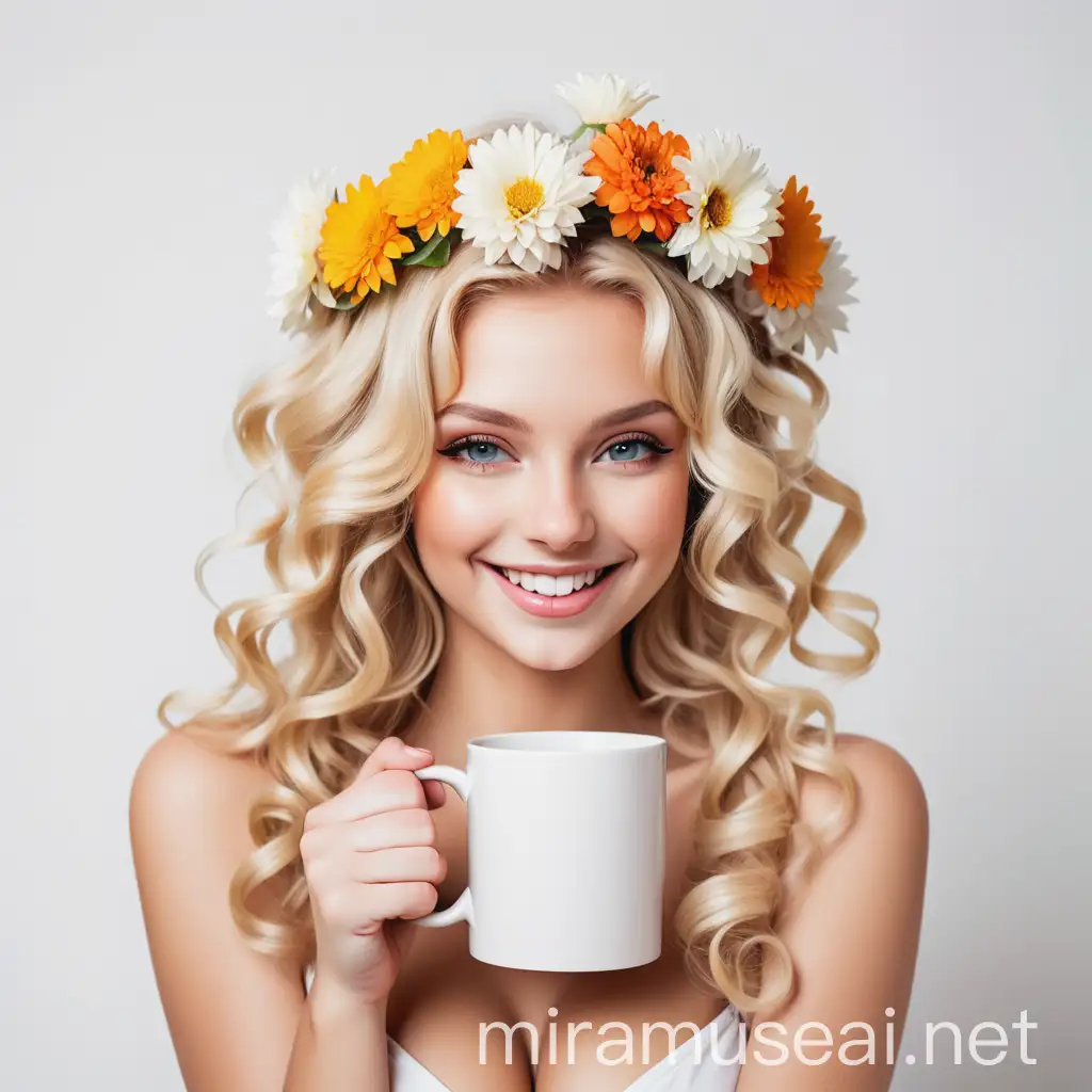 Smiling Blonde Girl with Floral Headband and White Mug