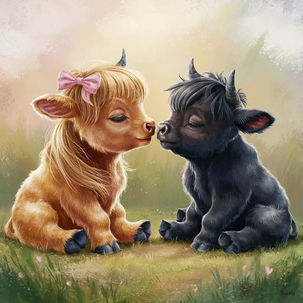 create a cute kawaii style image of a tan baby girl Highland calf, with long hair and little horns, sitting on four legs with a pink bow in her hair. Sitting next to her is a black baby boy Highland calf, also with long hair. and little horns. They are turning their heads towards eachother for a kiss.