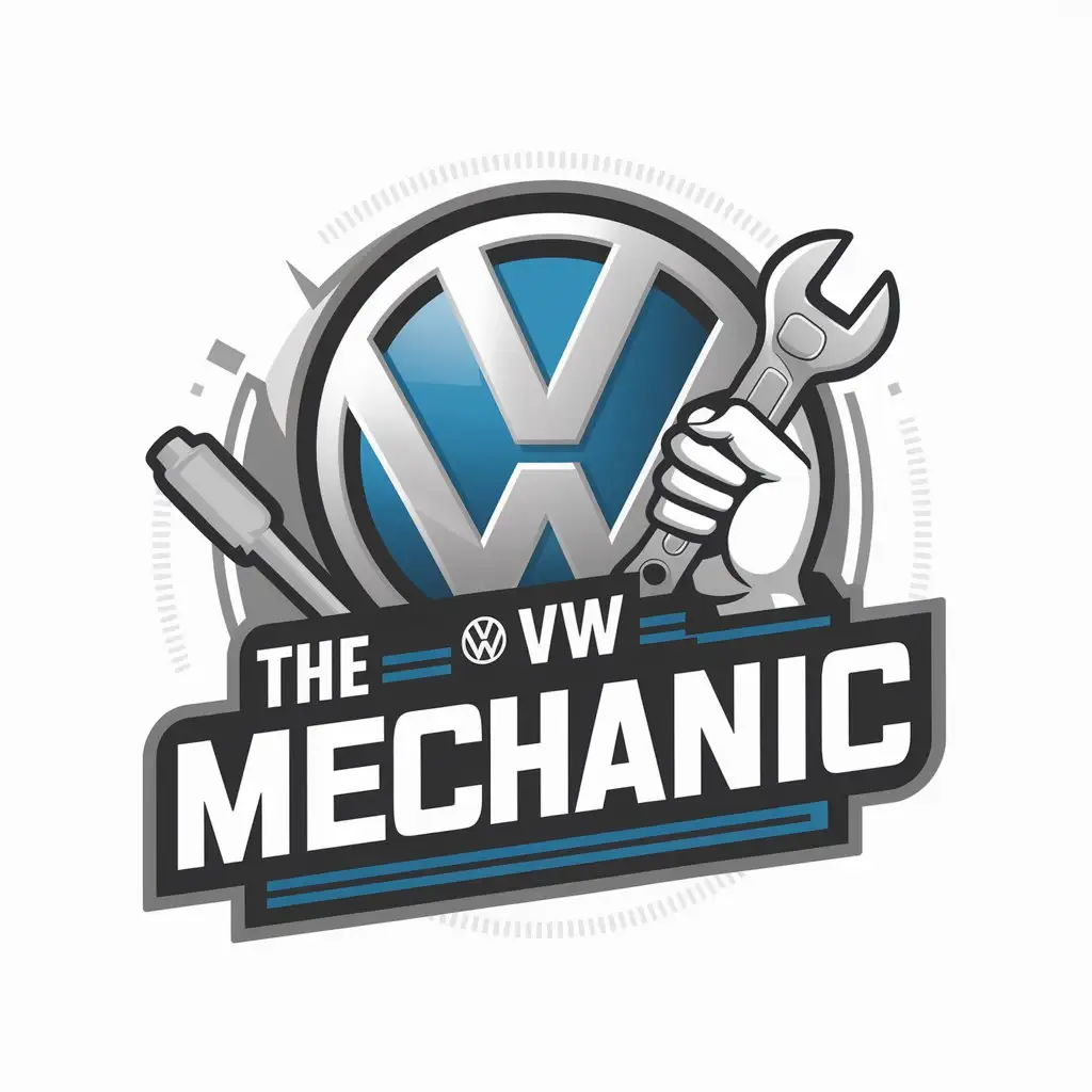 a logo design,with the text "The Vw mechanic", main symbol:Vw arteon blue mechanic technical,Moderate,be used in Automotive industry,clear background