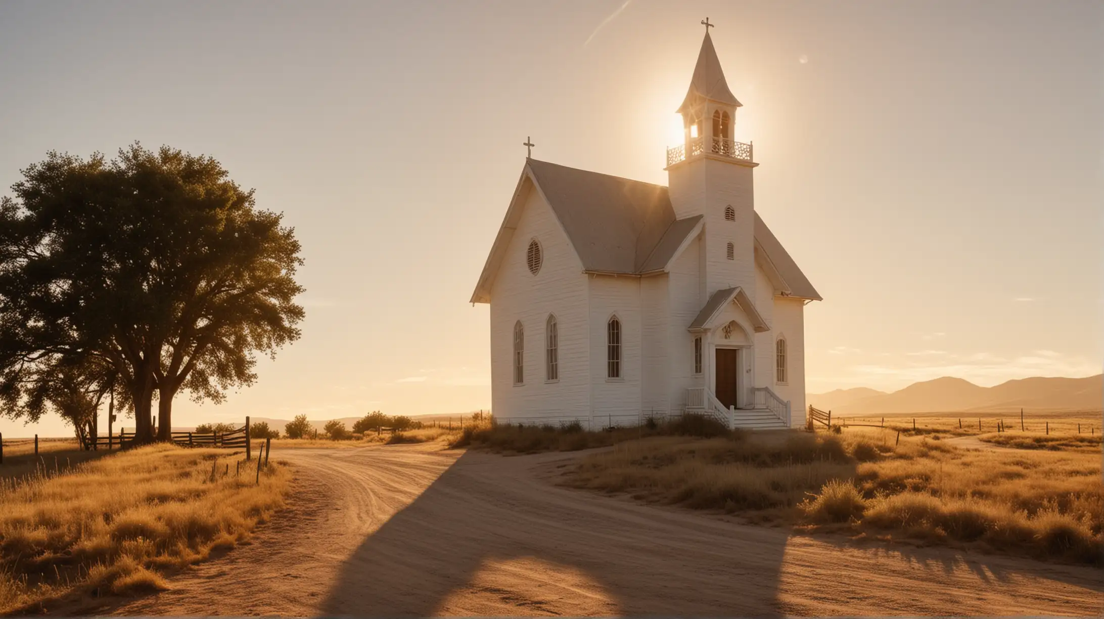 1880s Small White Church on a Dirt Road with Sunlight