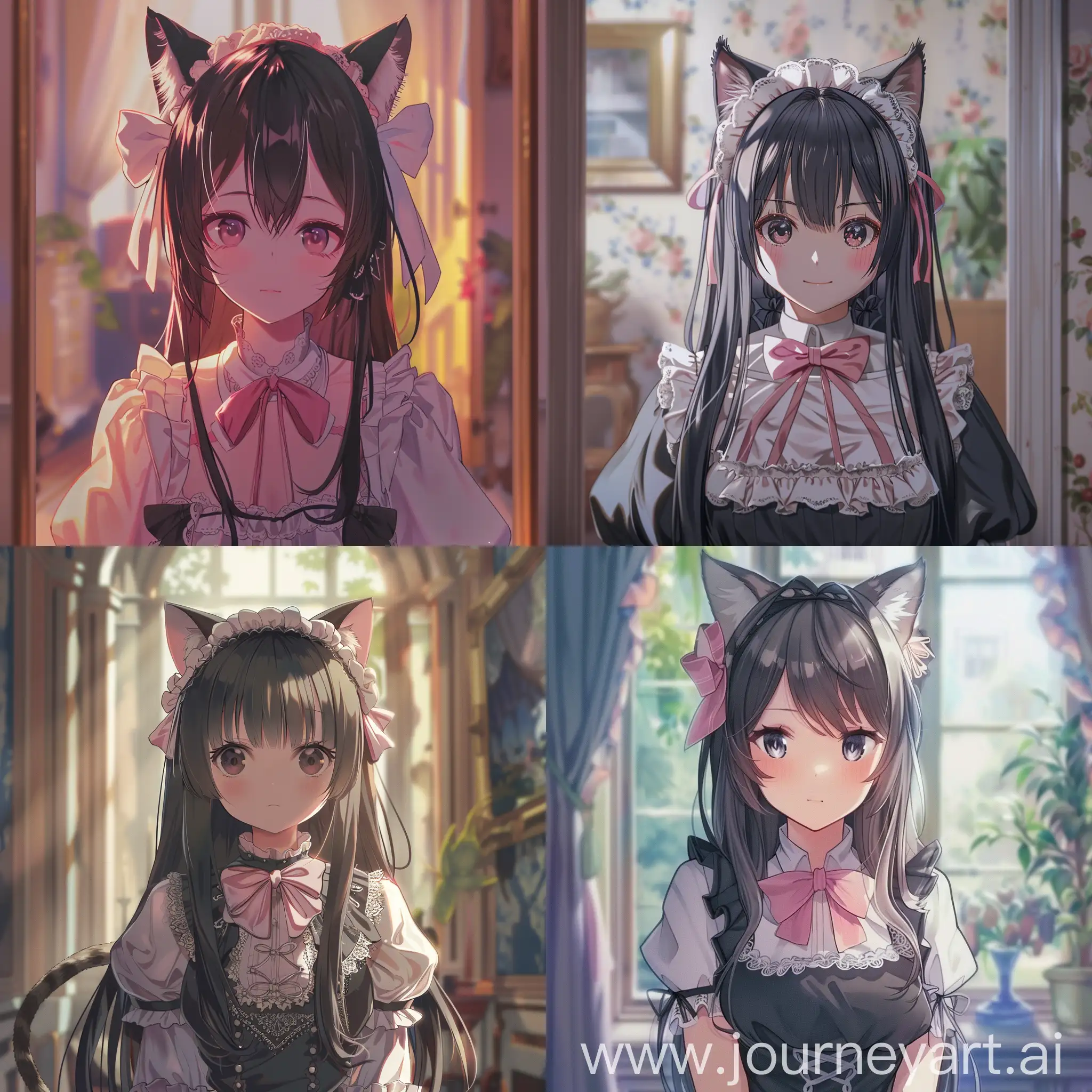 Cute Anime Visual Novel Background,((Light novel illustration )),colurfull shades/tone/hue,A cute anime girl with long dark grey hair and cat ears, wearing a lace-trimmed maid outfit with a pink bow. She has a warm, friendly expression , with a dreamy background behind her. Novel cover style,Anime Style, novel illustration, 4K resolution, highly detailed,makoto Shinkai art,