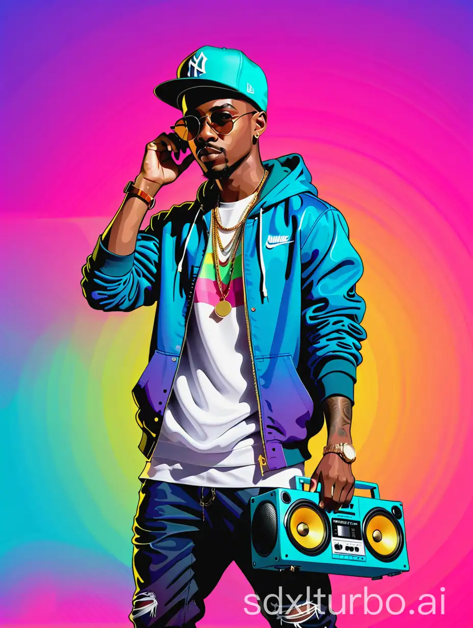 rapper with boombox illustration, pop-art style gradient dots background, 64K, UHD, Artgerm