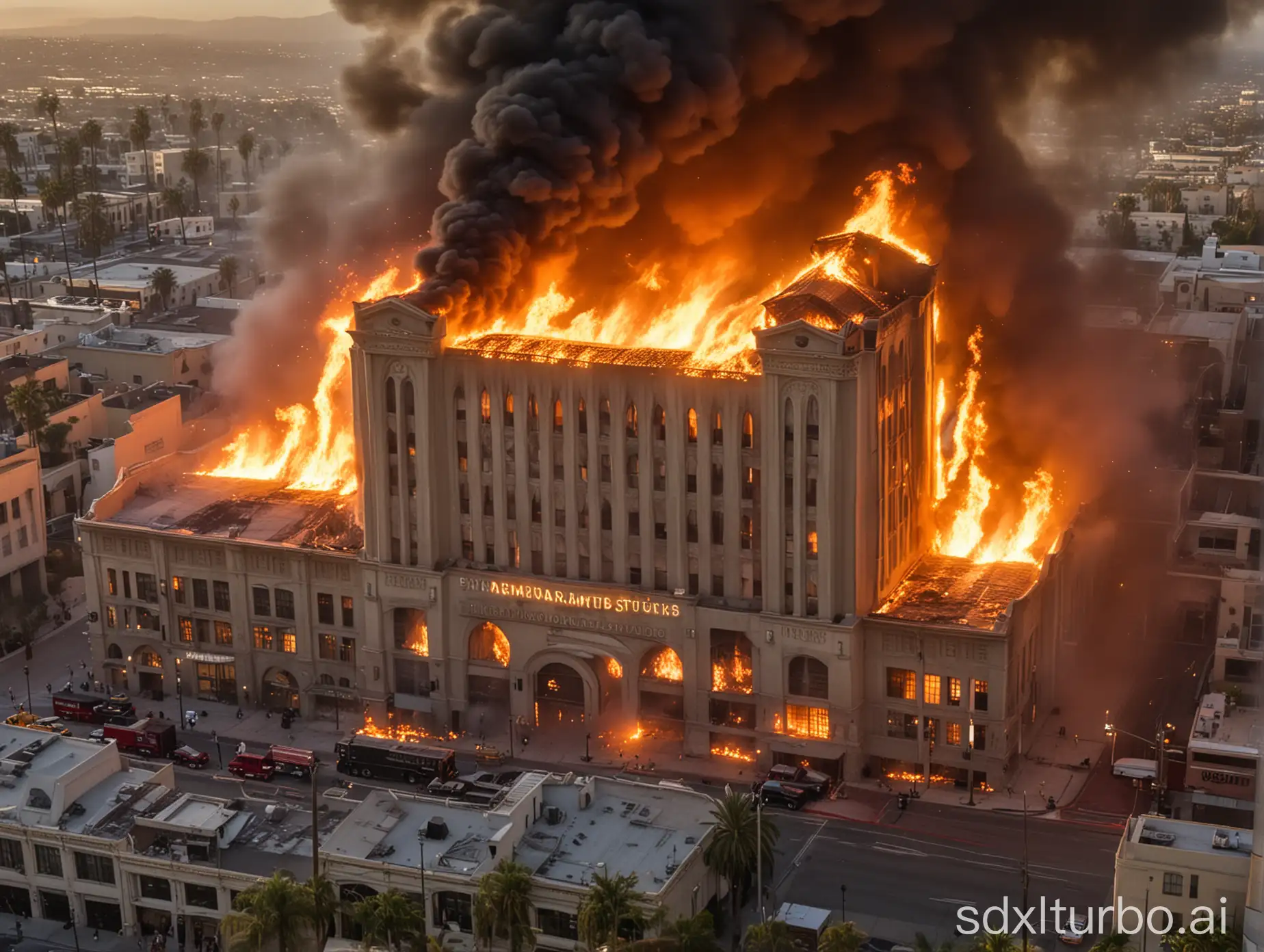 Paramount studios on fire, smoke and flames