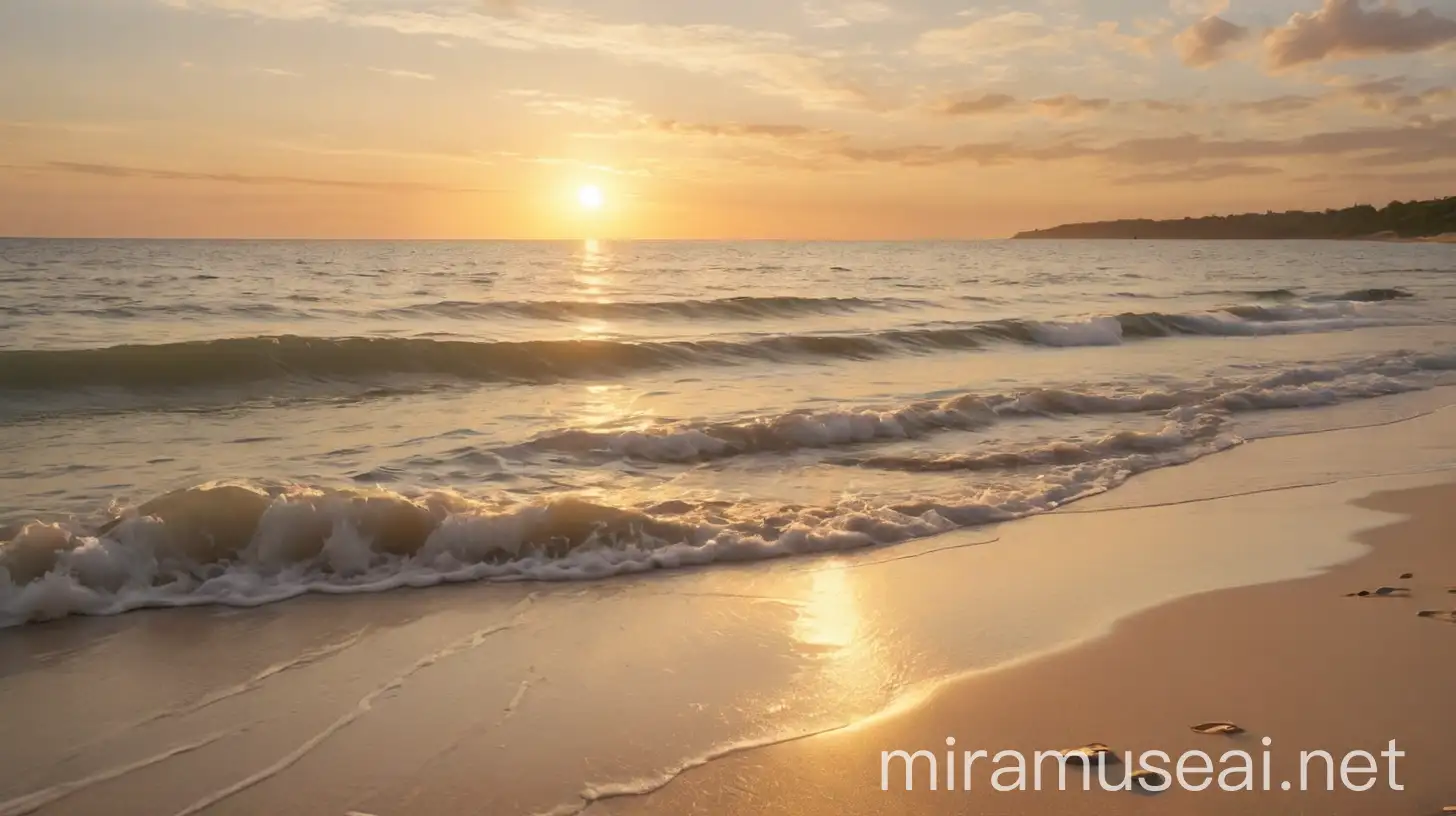 A serene, secluded beach with soft white sand and gentle waves lapping at the shore. The setting sun casts a golden glow over the water, creating a tranquil, almost magical ambiance