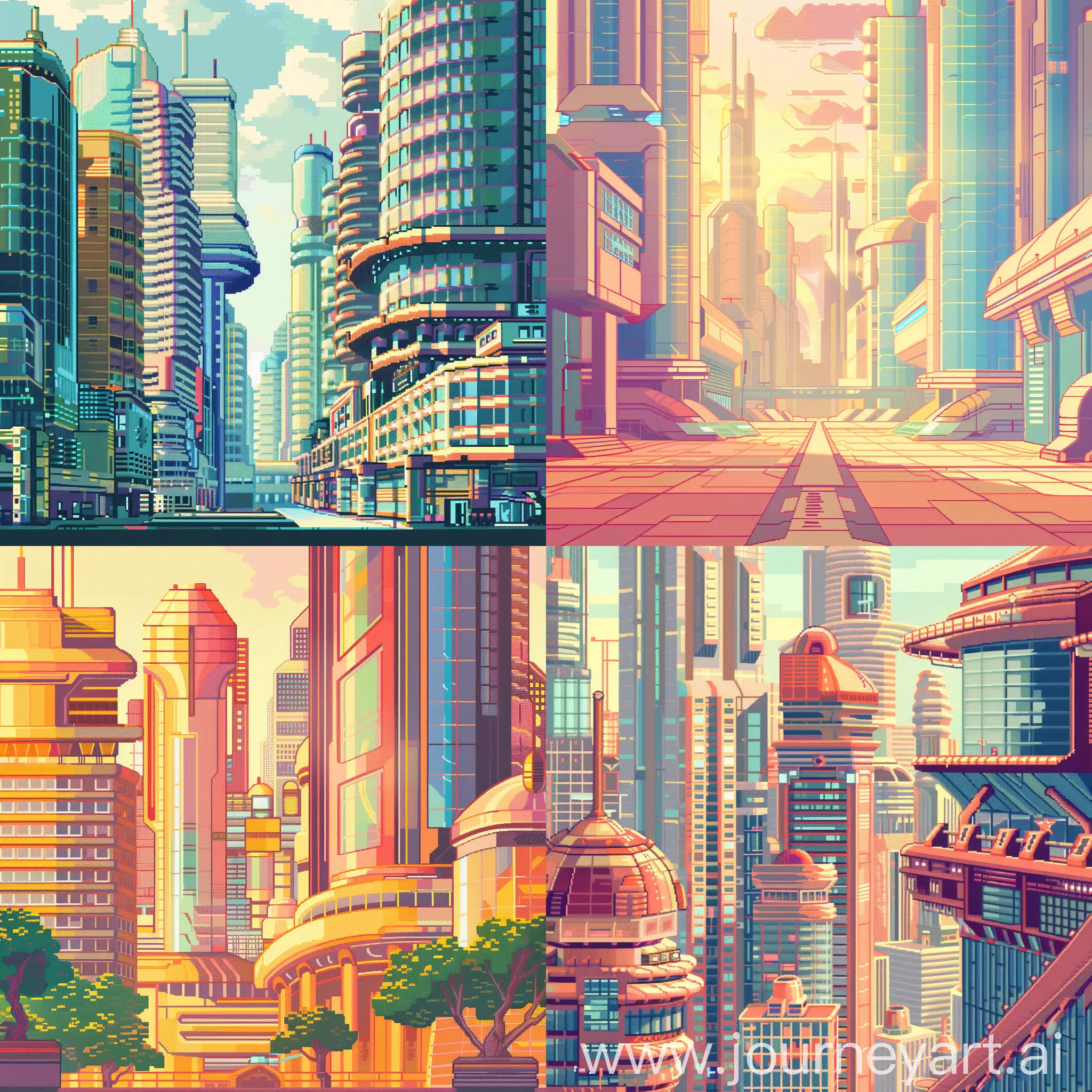 A vibrant, 2D pixel art game background set in a futuristic USSR. Tall, gleaming buildings with unique, rounded or sharply pointed architecture, minimal straight lines, and plenty of glass. Daytime, bathed in warm sunlight. Style: Retrofuturism.