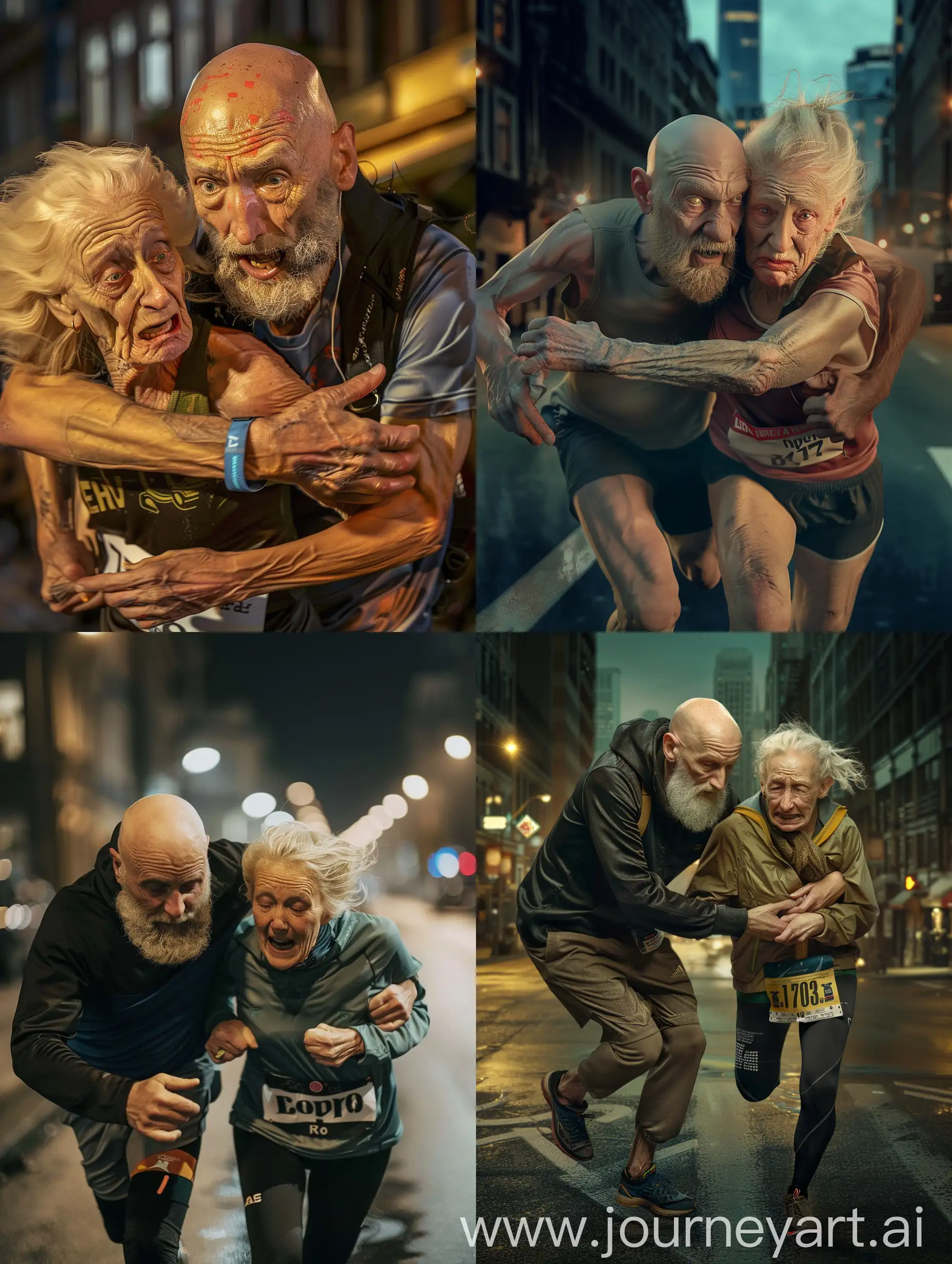 A bald old man with a beard, helping an old blonde woman, both in street running clothes, who is feeling pain in a street race, night weather, city, realistic
