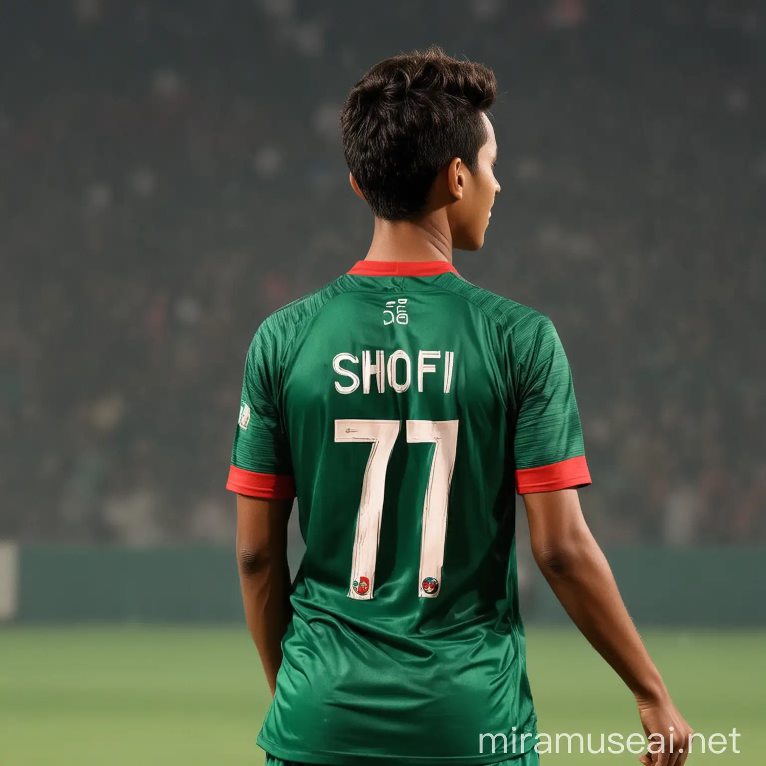 /Imagine a boy's back with bangladesh jersy and his jersy number is 77 and name is shofi and he showing his back and his name is shofi