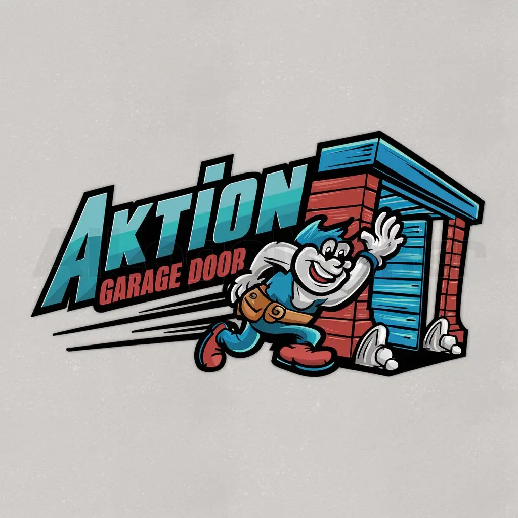 a logo design,with the text "aktion", main symbol:a logo design,with the text 'Door', main symbol:garage door repair mascot logo, showing speed and flow.,colorful,Moderate,clear background
