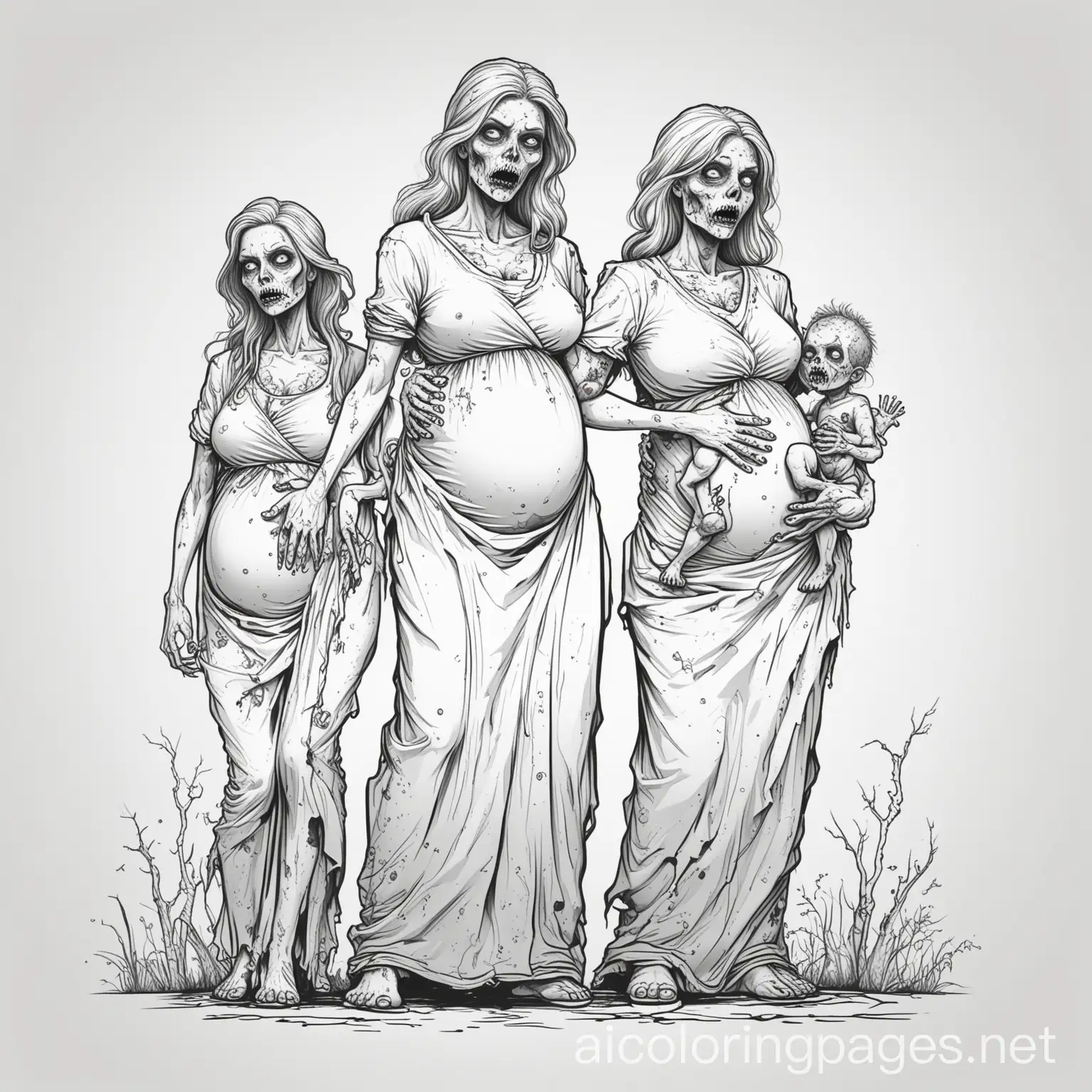 zombie pregnant family, Coloring Page, black and white, line art, white background, Simplicity, Ample White Space. The background of the coloring page is plain white to make it easy for young children to color within the lines. The outlines of all the subjects are easy to distinguish, making it simple for kids to color without too much difficulty