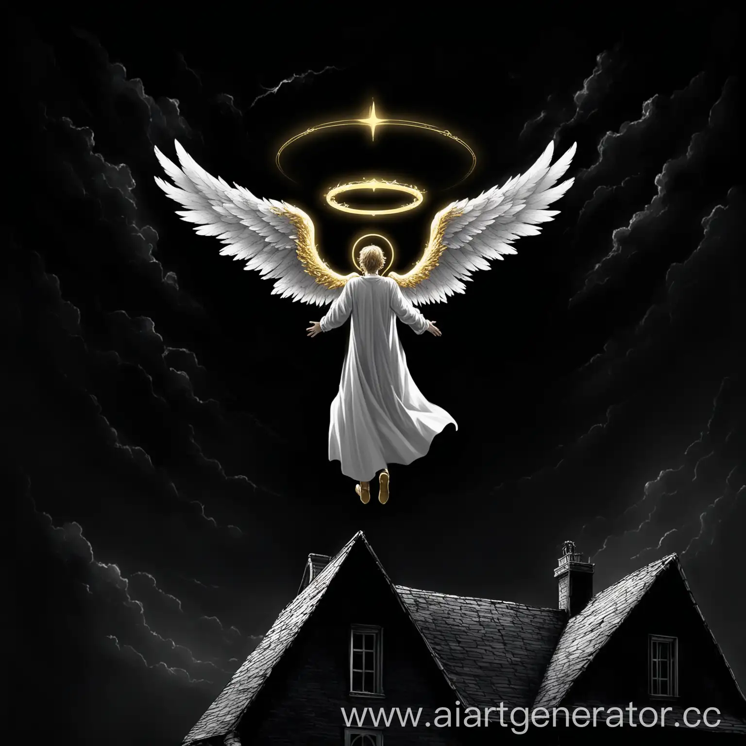 Male-Angel-with-Golden-Halo-Flying-Above-House-in-Darkness