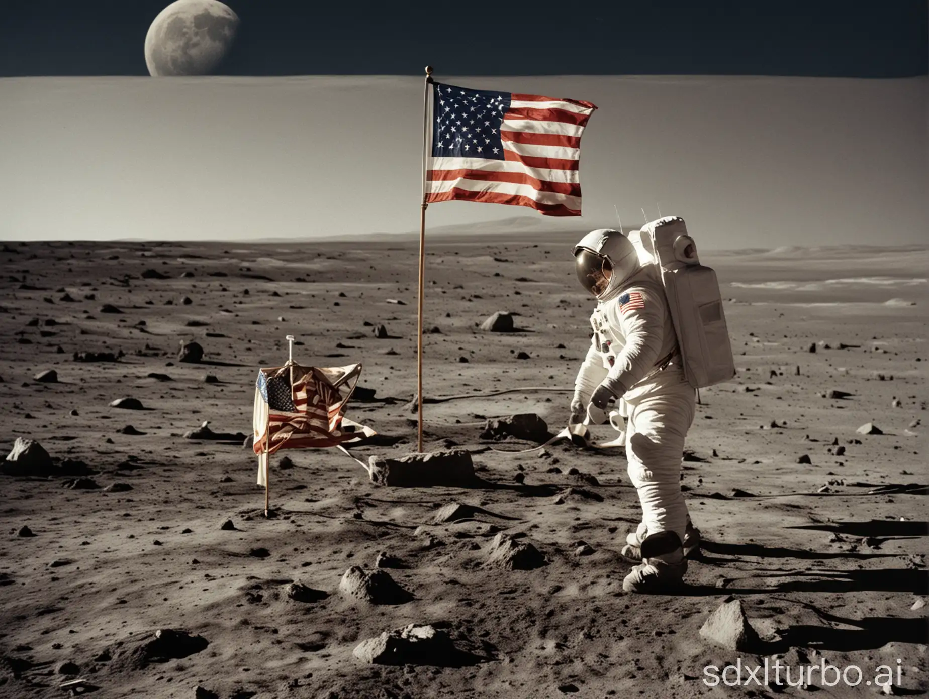 Astronaut-with-Moon-Landing-Flag-in-Lunar-Landscape