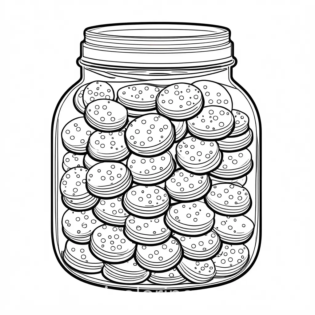 A jar filled with cookies., Coloring Page, black and white, line art, white background, Simplicity, Ample White Space.