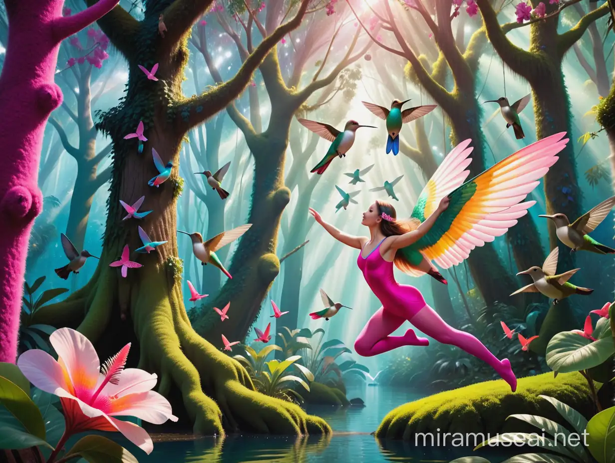 An enchanted forest in New Zealand, with hummingbirds, colourful kiwi birds, and fluffy platypus, and a beautiful lady acrobat in pink tights flying through the giant trees, in great detail please