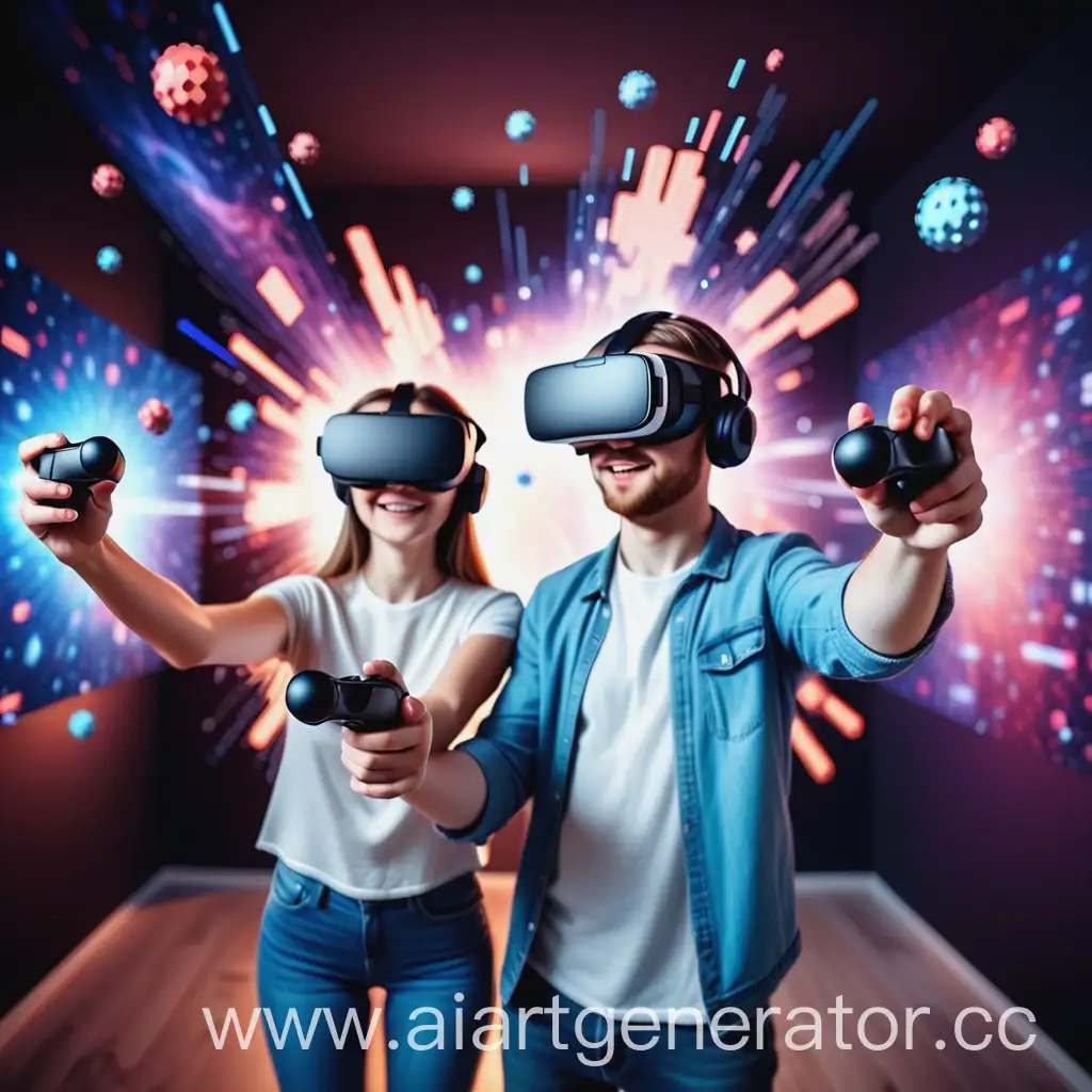 Молодая пара играет в VR очках, очках виртуальной реальности с джойстиками в руках, за ними фон разлетается на кадры космо пиксели
