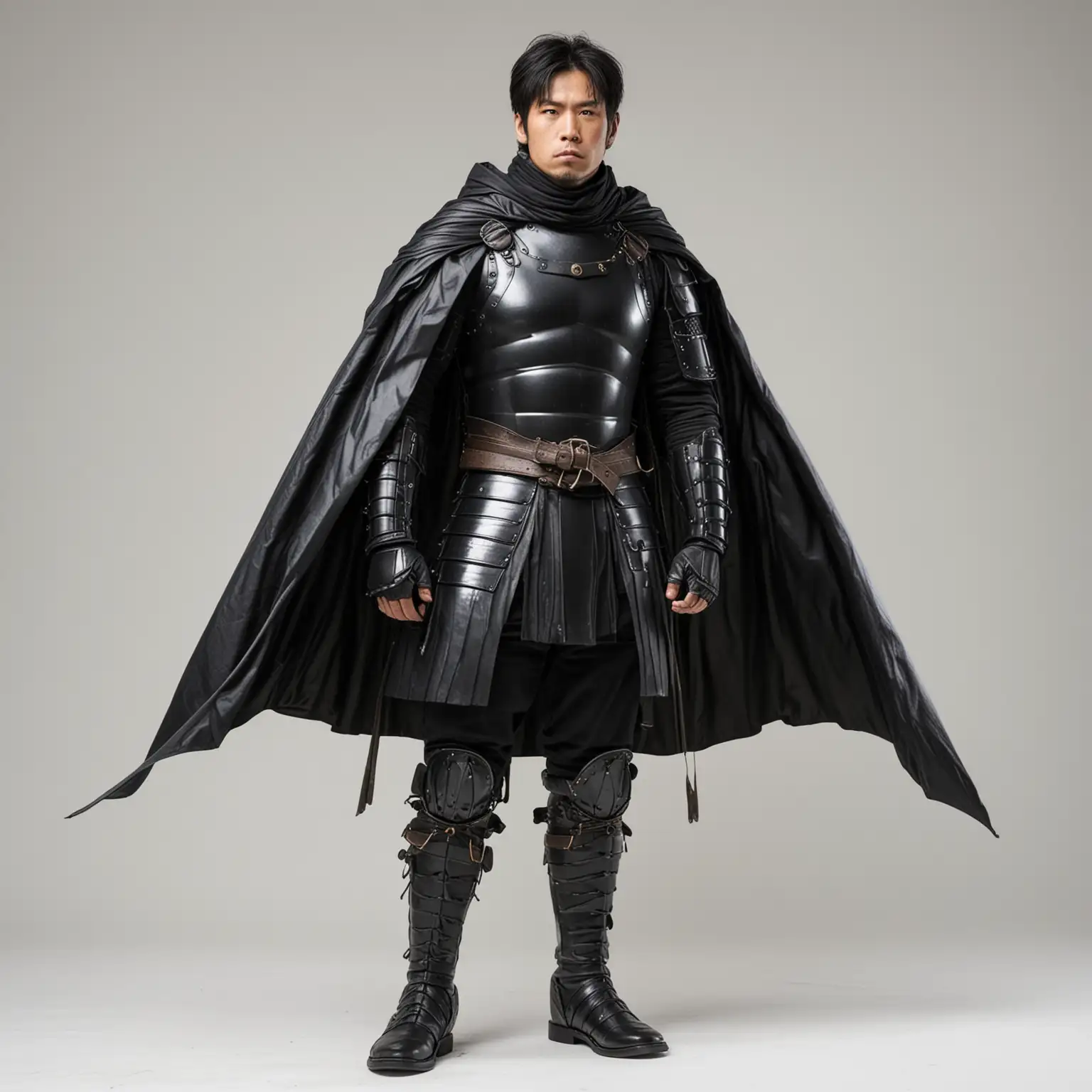 Standing full body view, looking to the right, Strong heroic Japanese man in simple black plastic samurai-knight turtleneck armor, giant oversized black cape, black boots, boots,  white background