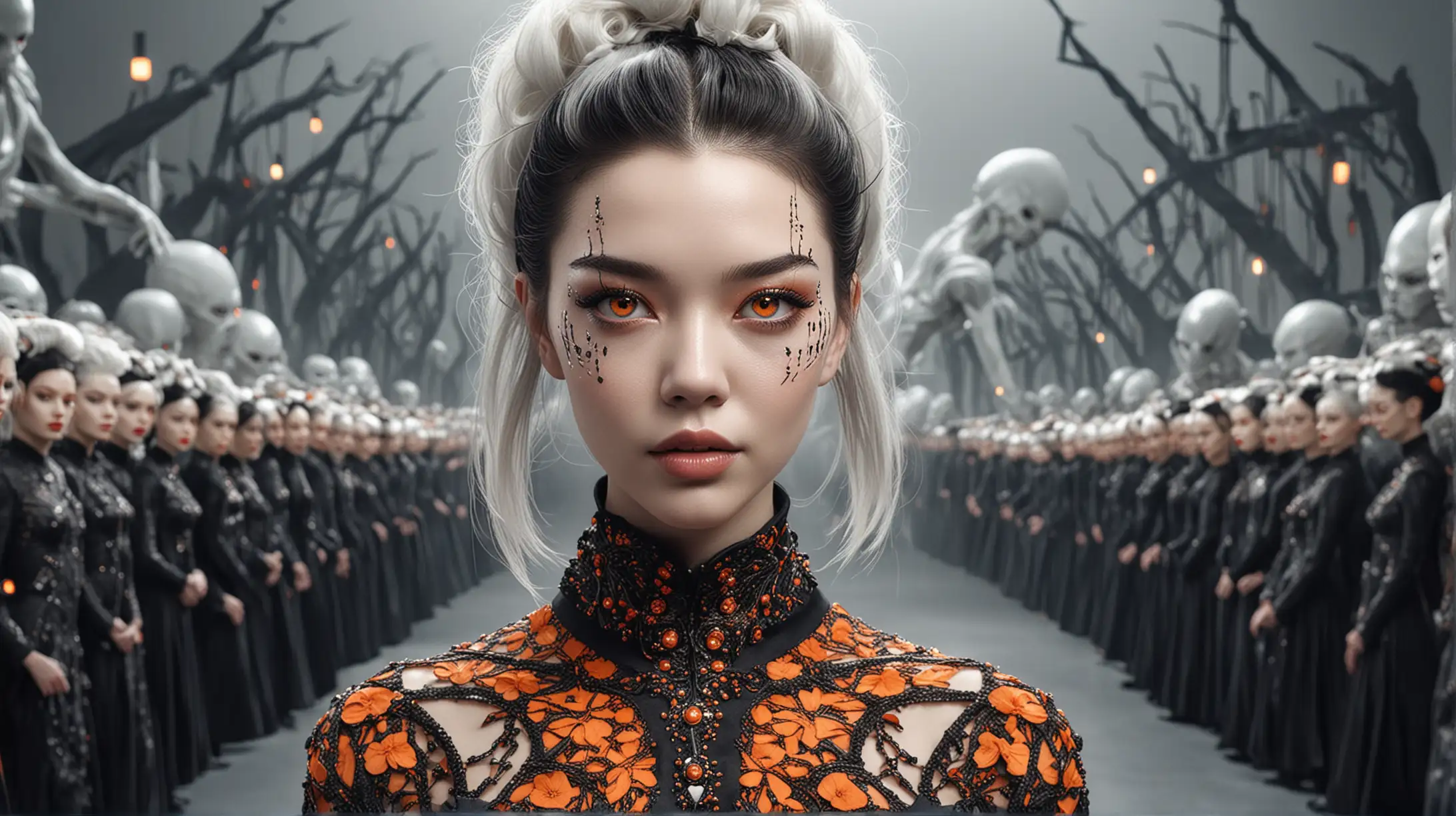 Anya Taylor-Joy, professional realistic photo of a fashion show on the catwalk comes adult beautiful beautiful asian woman with surreal face in digital art style on white background, with dark makeup and surreal photo in dark black and orange color. She has dark gray eyes and white hair, a glowing light in her head, and dark, high-contrast surrealist makeup. Everything is watched by people of different nationalities sitting in festive clothes from the future. In the background of the picture, a huge alien with a terrifying expression on his face. Amazing alien diverse landscape with romantic nature and sensitively incorporated futuristic houses, low camera angle masterpiece, prompt design Milan Pokora