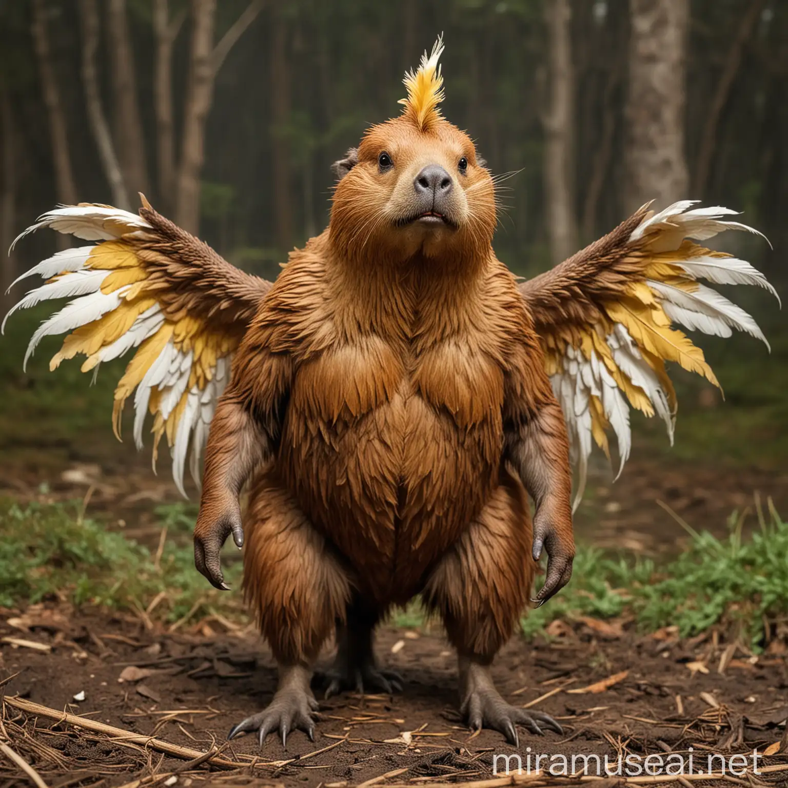 Imagine an animal that is a bizarre mixture of beaver and chicken. This creature has a sturdy beaver body, shiny brown fur and a distinctive flat tail that sticks out from behind its back. A head like a mammoth, with large white tusks and a trunk like an elephant, and large ears, This unique animal has colored wings like a rooster, 2 yellow legs covered with scales like chickens. There are 3 toes on each foot, with claws like chickens.