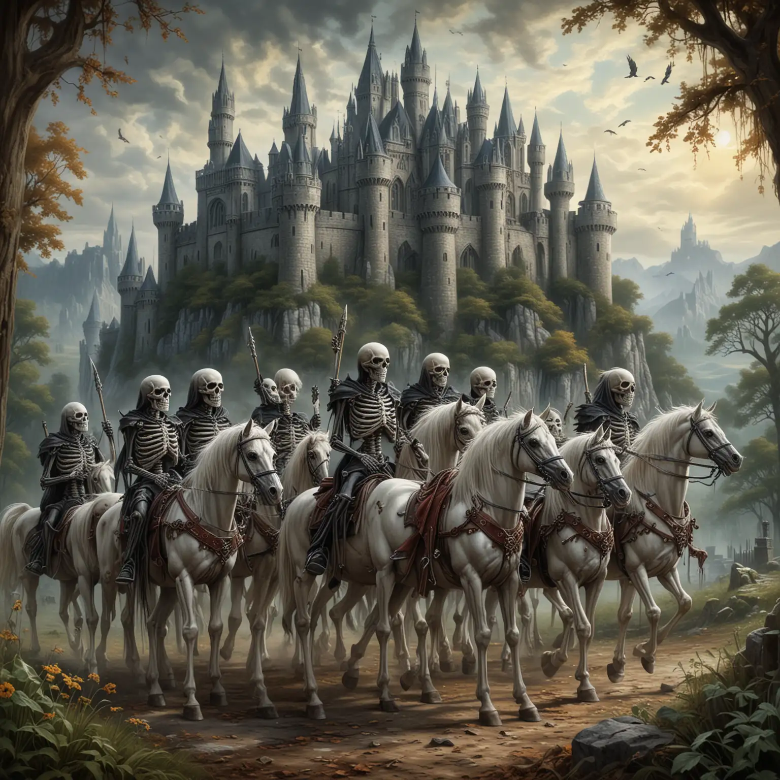 a painting of a group of skeletons on horses with a castle in the background Anne Stokes, gothic art, comic cover art, poster art