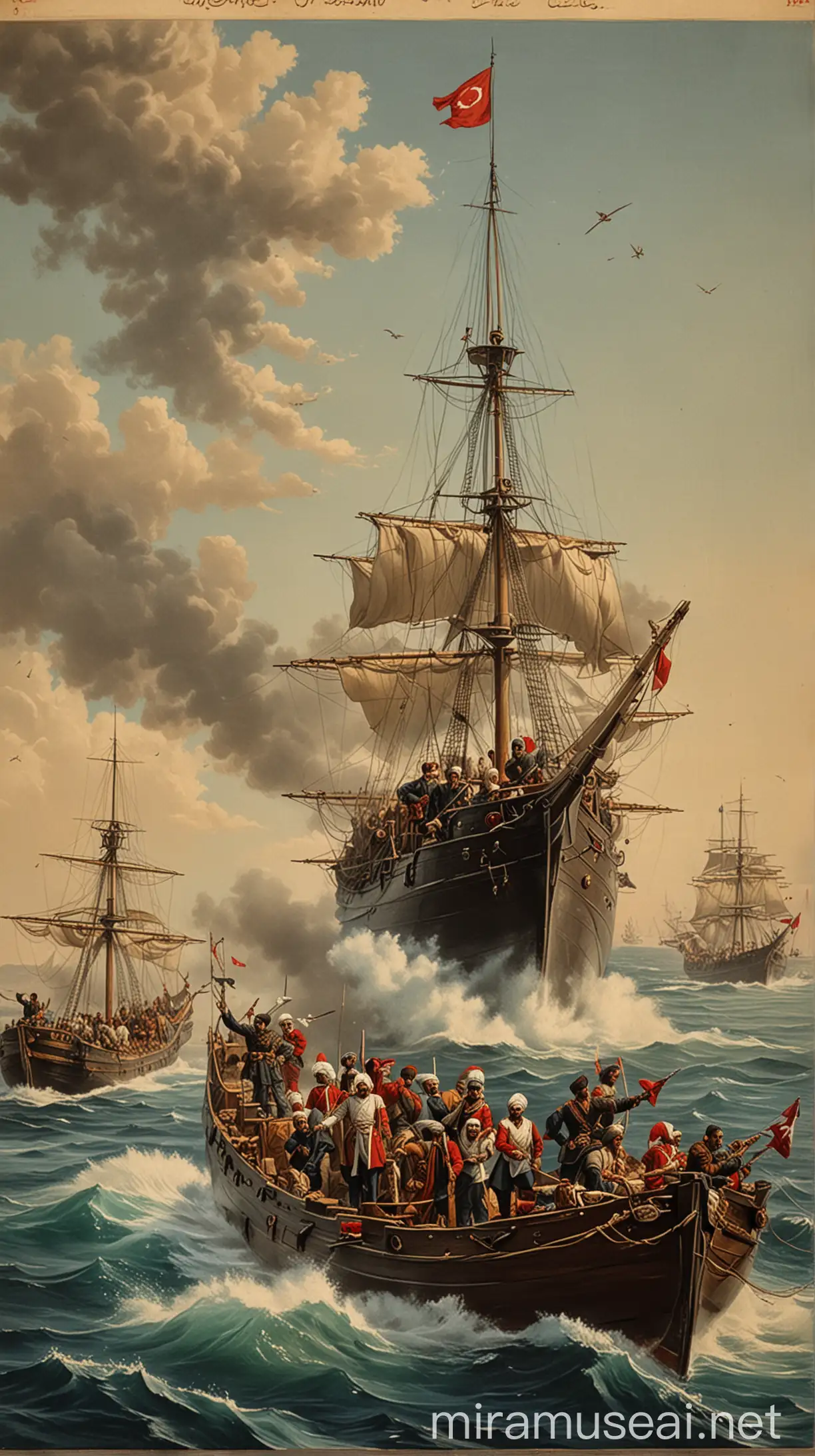 An Ottoman Navy poster or painting depicting the era when Nusret joined the Turkish Naval Forces.