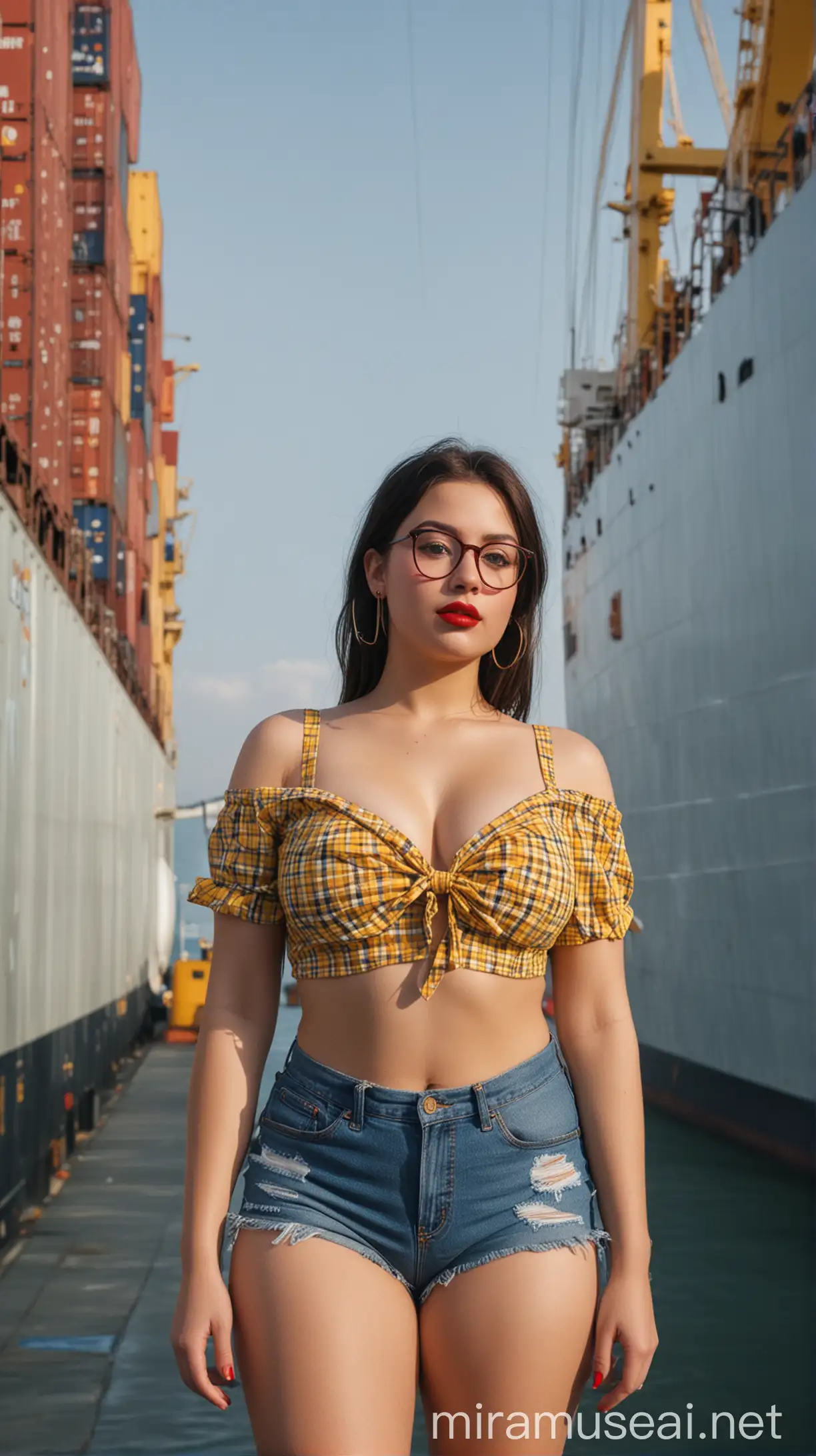 4k Ai art front view beautiful American curvy girl blue glasses red lipstick nose ring ear tops hot mini shorts and yellow check shirt and golden bra big round tits in usa big container ship corner