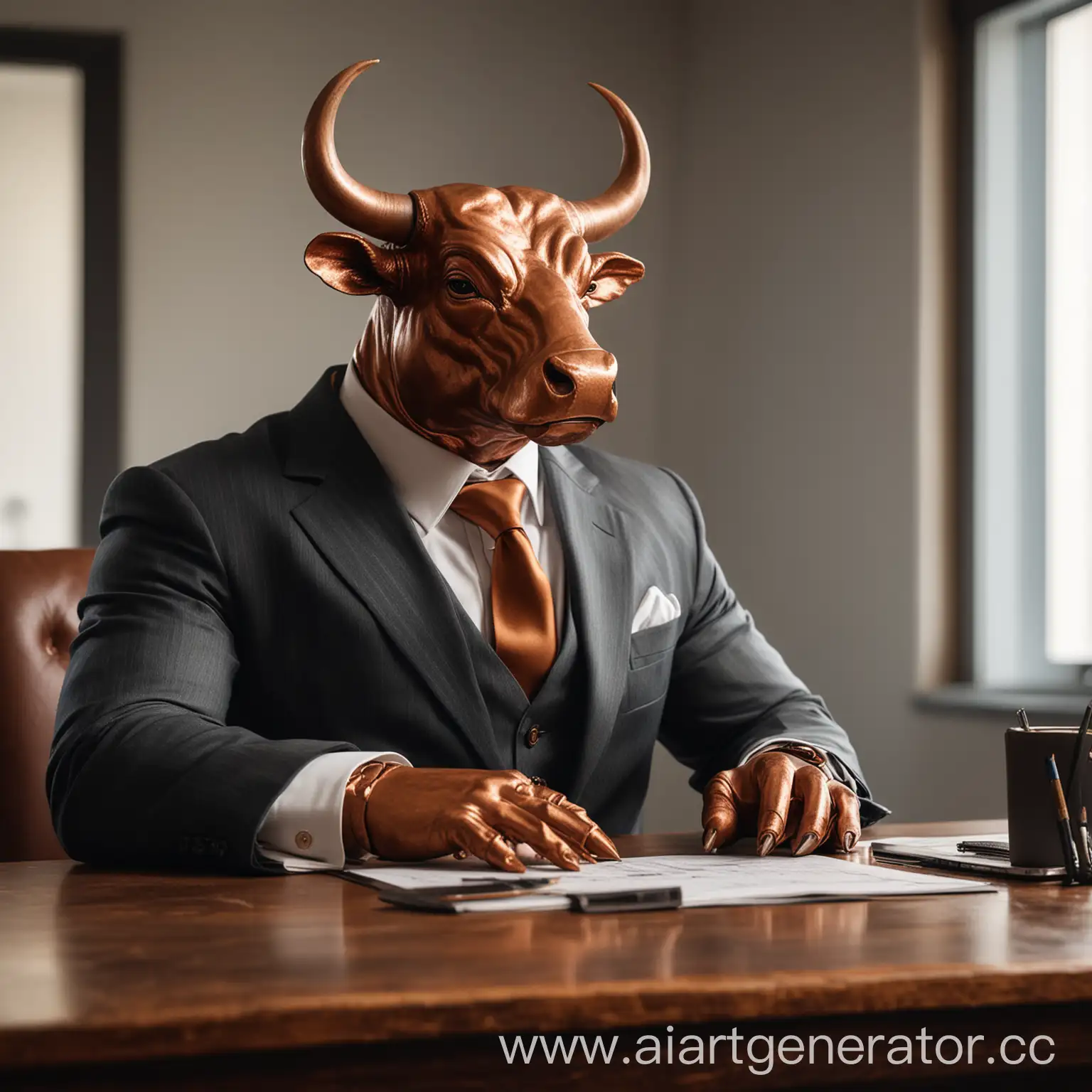 Copper-Bull-in-Business-Attire-Sitting-at-Table