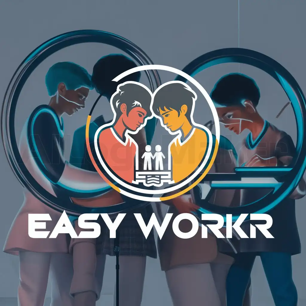 a logo design,with the text "EASY WORKR", main symbol:youth teamwork collaboration and futuristic vibrant,Moderate,clear background
