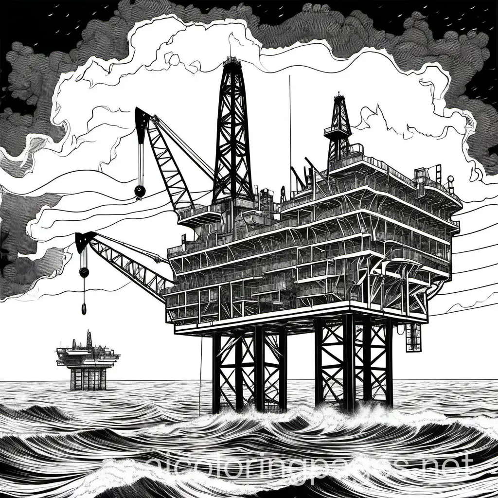 offshore oil platform in a storm, Coloring Page, black and white, line art, white background, Simplicity, Ample White Space. The background of the coloring page is plain white to make it easy for young children to color within the lines. The outlines of all the subjects are easy to distinguish, making it simple for kids to color without too much difficulty