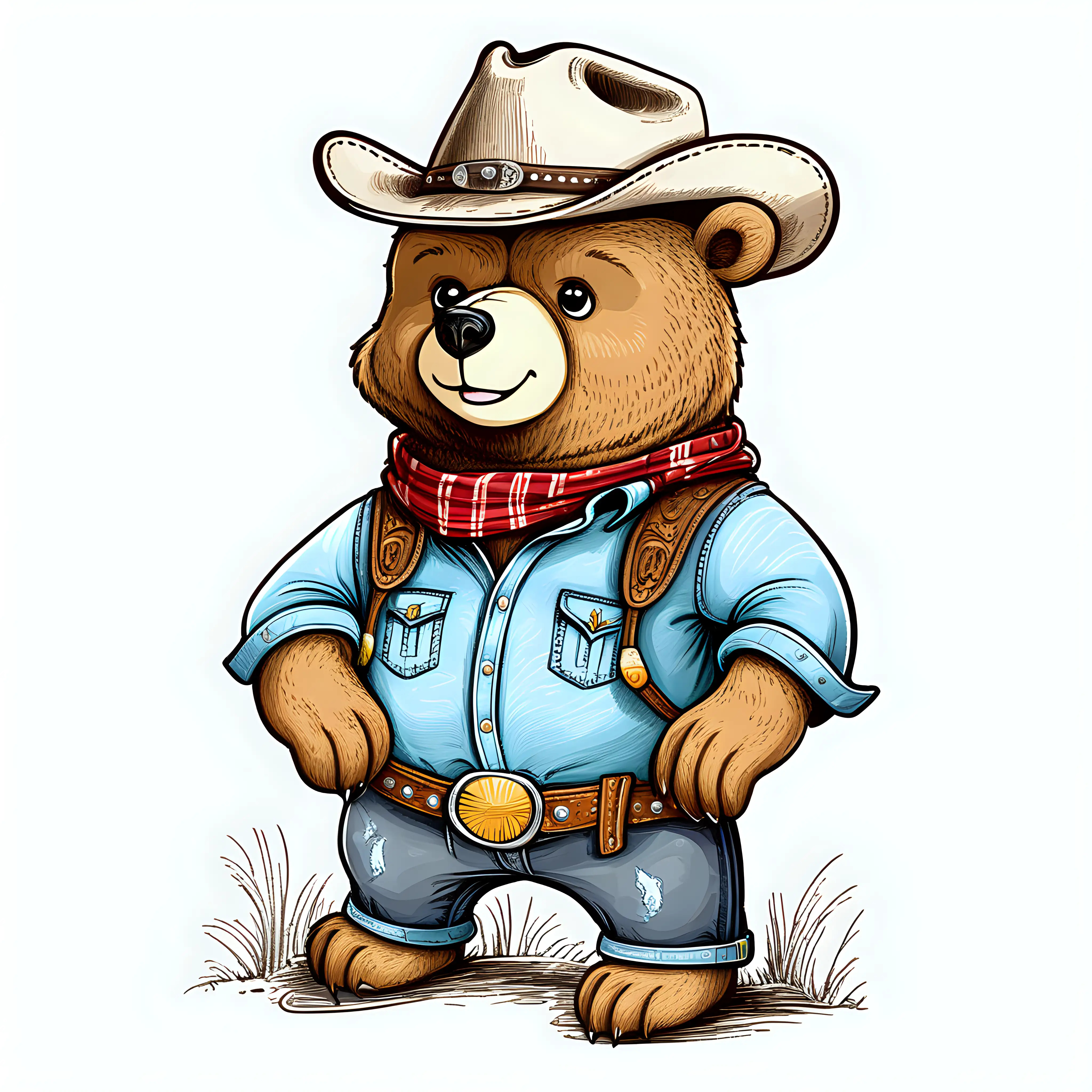 cartoon Bear as cowboy, sketch book style, T-shirt graphic