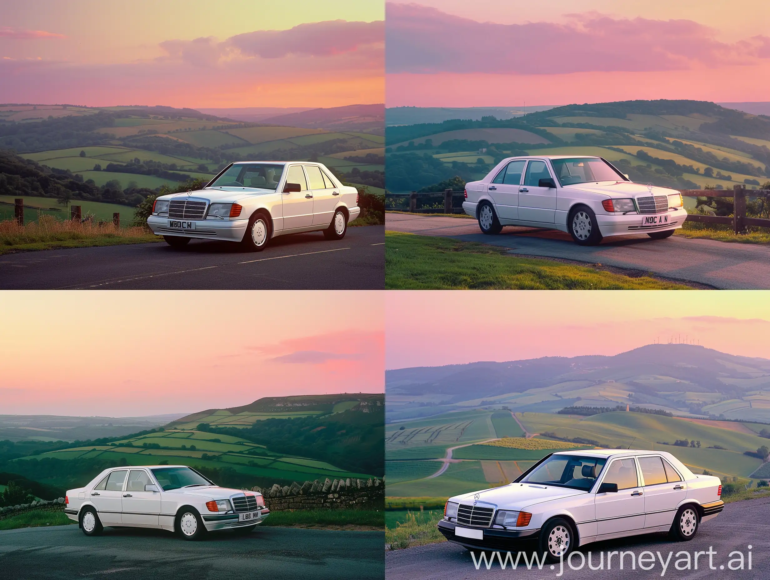 Рекламный цветной фото плакат: автомобиль Мерседес 1990 года производства, седан, белого цвета стоит на загородной дороге, на фоне летнего зелёного холмистого пейзажа в вечернее время, в лучах розового заката.
