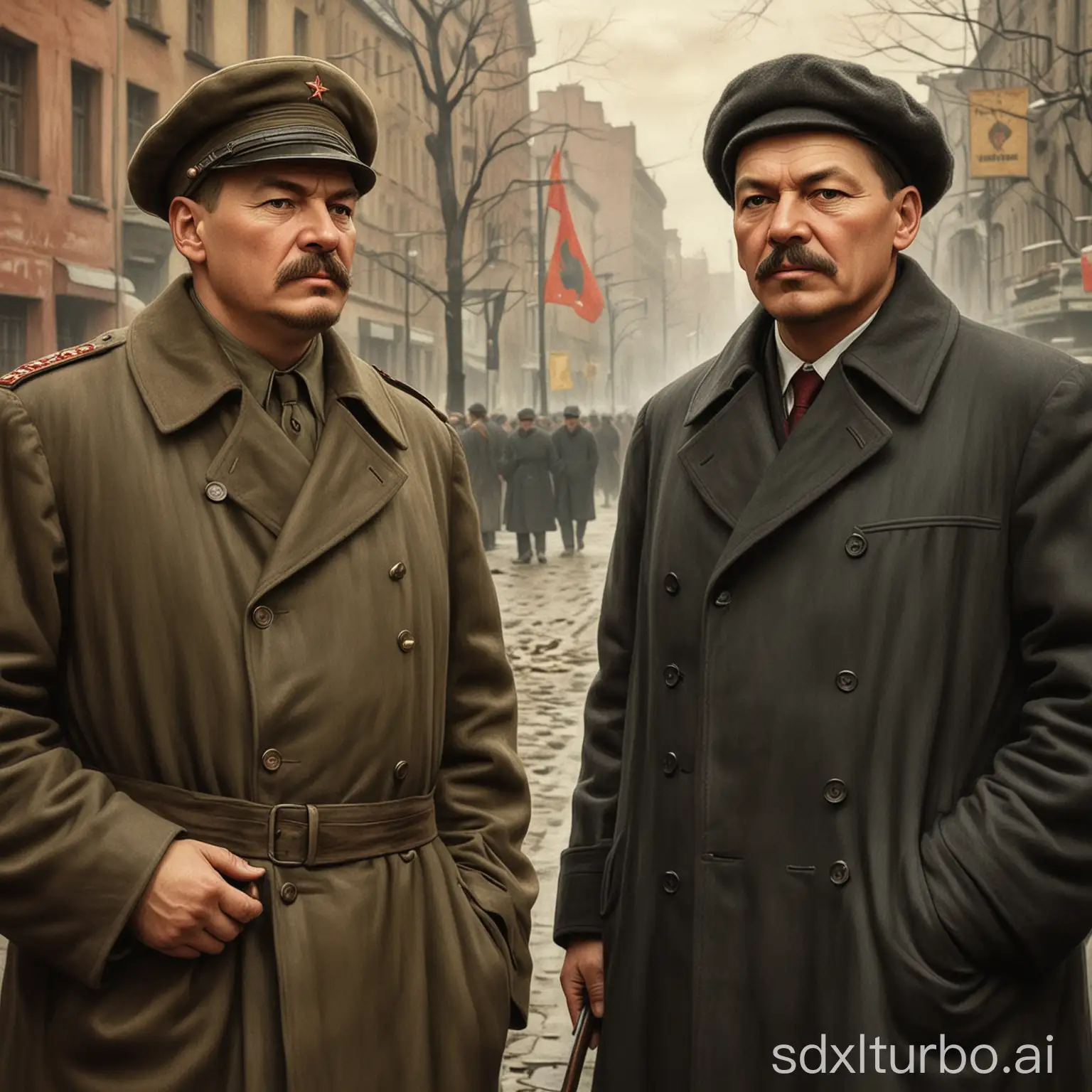 Vladimir Ilyich Lenin and Joseph Stalin, who are leading the people in resisting bourgeois oppression.