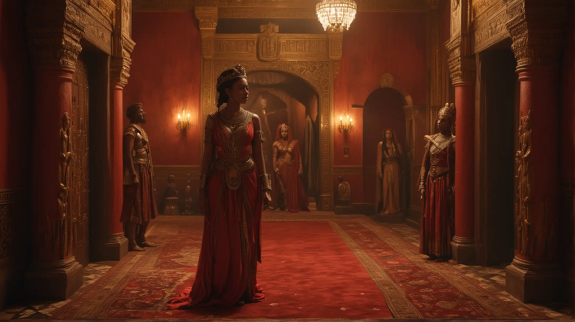 The queen of Sheba and King Salomom enter the bedroom chambers of his palace, full standing figures, dim light, red and gold environnement, cinematic, realistic