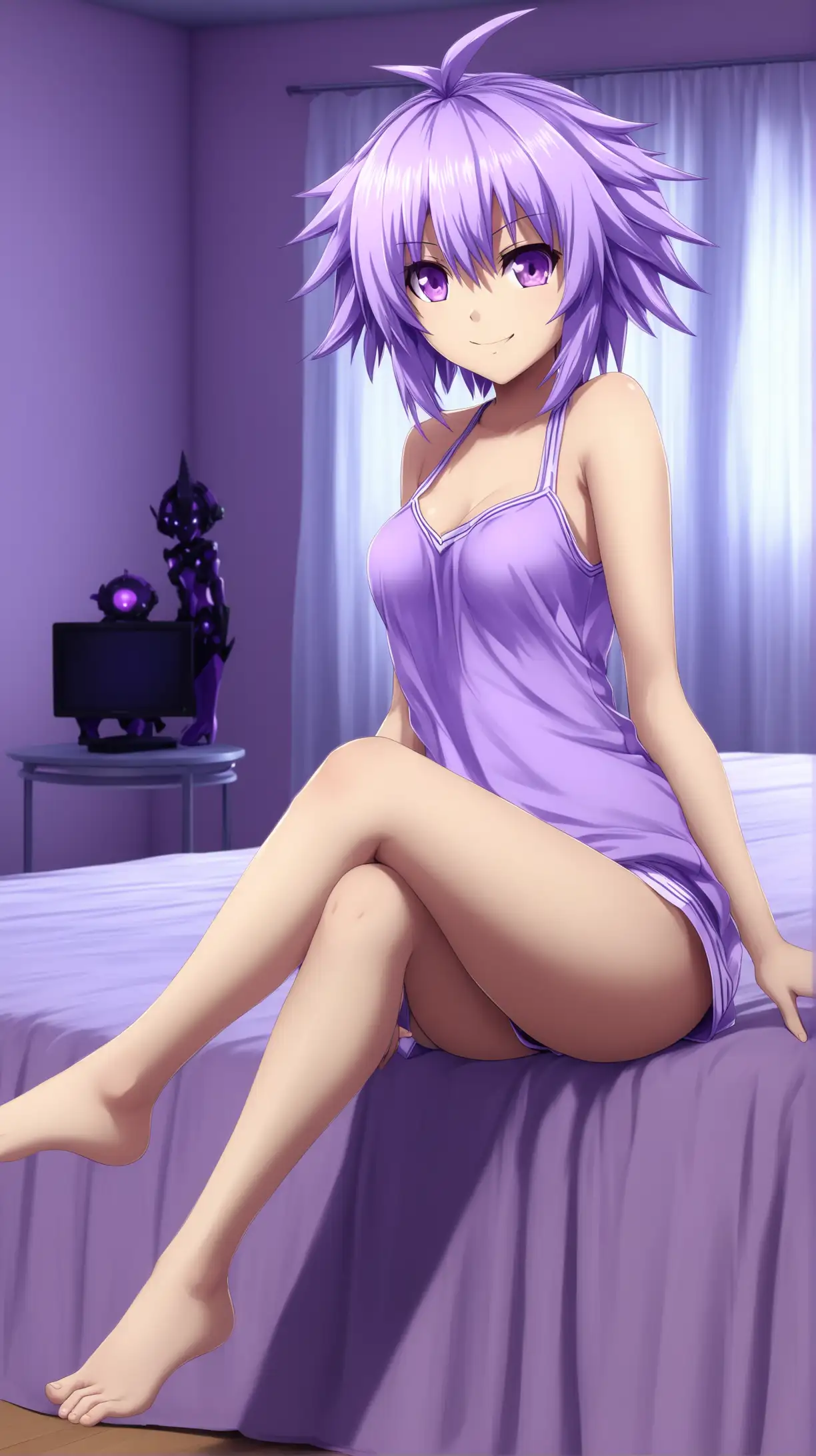 Draw a high quality picture of Neptune from Hyperdimension Neptunia, short lavender hair, purple eyes, lively, perky figure, ambient lighting, long shot, seductive pose, sitting, indoors, bedroom, scanty casual outfit, legs spread, smiling at the viewer