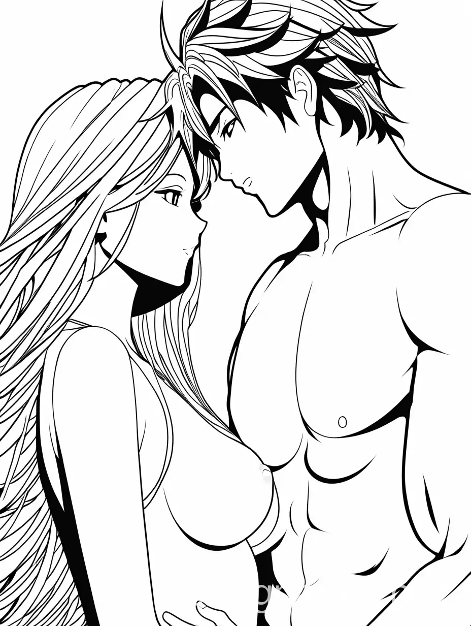 hentai boy and girl being intimate, Coloring Page, black and white, line art, white background, Simplicity, Ample White Space. The background of the coloring page is plain white to make it easy for young children to color within the lines. The outlines of all the subjects are easy to distinguish, making it simple for kids to color without too much difficulty