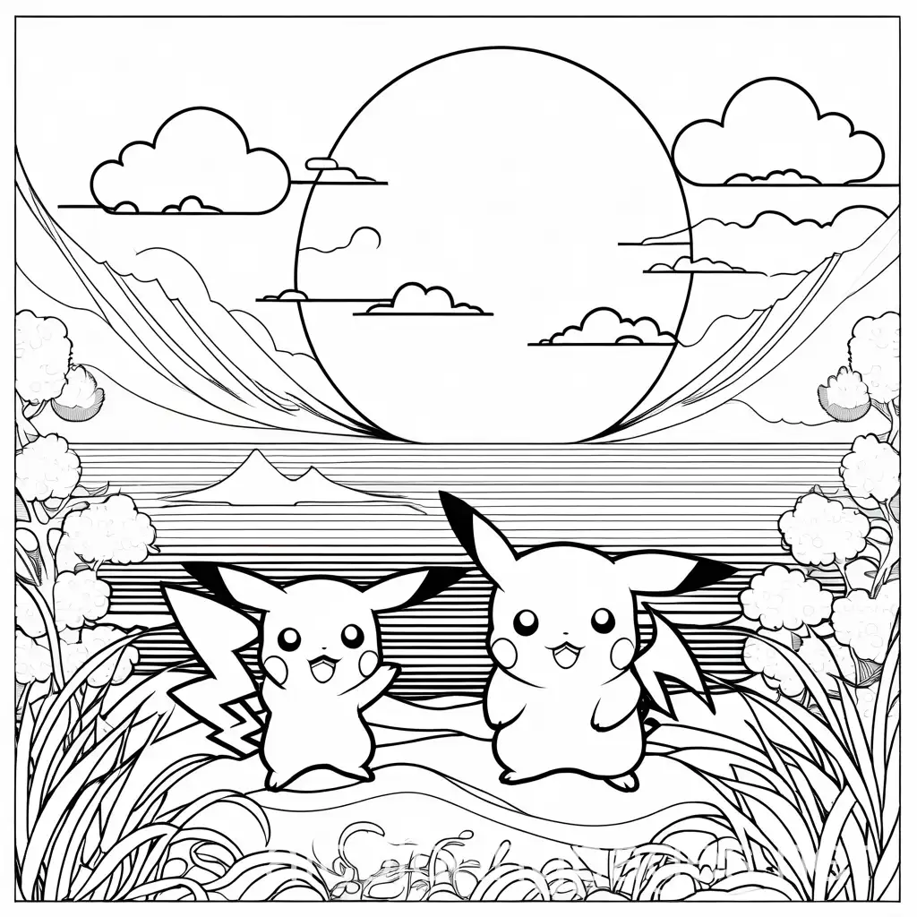 Some Pokemon are enjoying the sun, Coloring Page, black and white, line art, white background, Simplicity, Ample White Space.