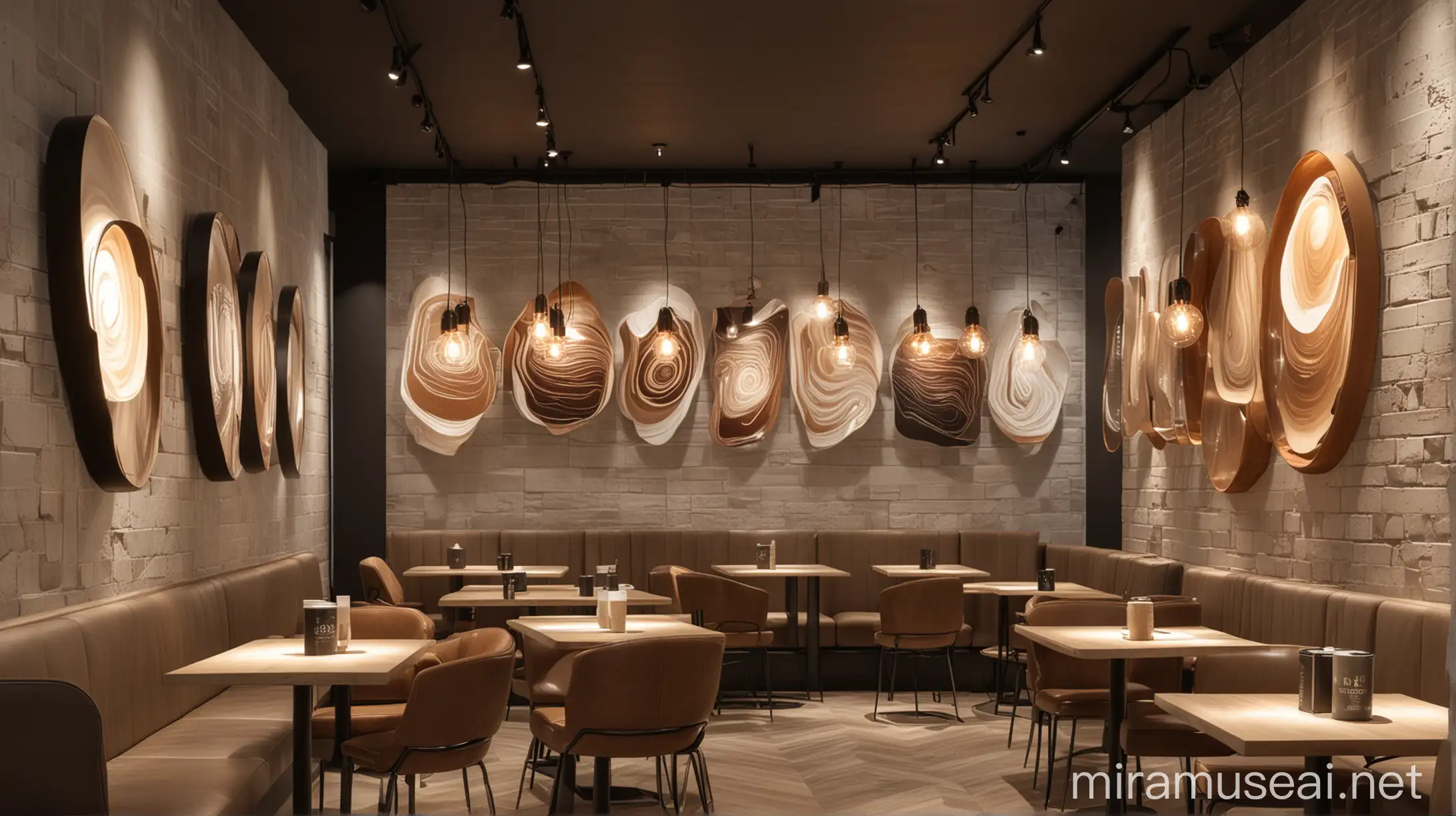 a coffee shop interior design neo modern indirect lighting and abstract wall decor