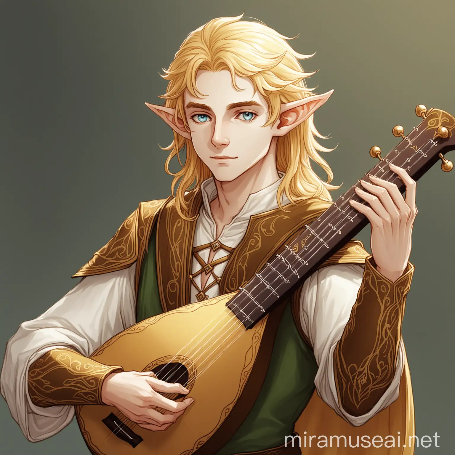HalfElf Bard with Golden Hair Playing Lute