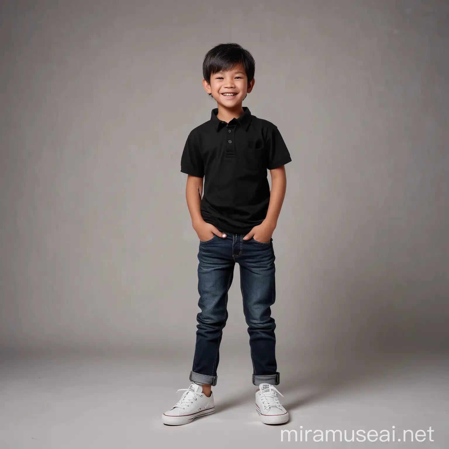 super realistic photo, full body, Indonesian, a boy celebrating his 7th birthday, short hair, smiling, white skin, oval face, wearing a black shirt, jeans, white shoes, place in the studio.
